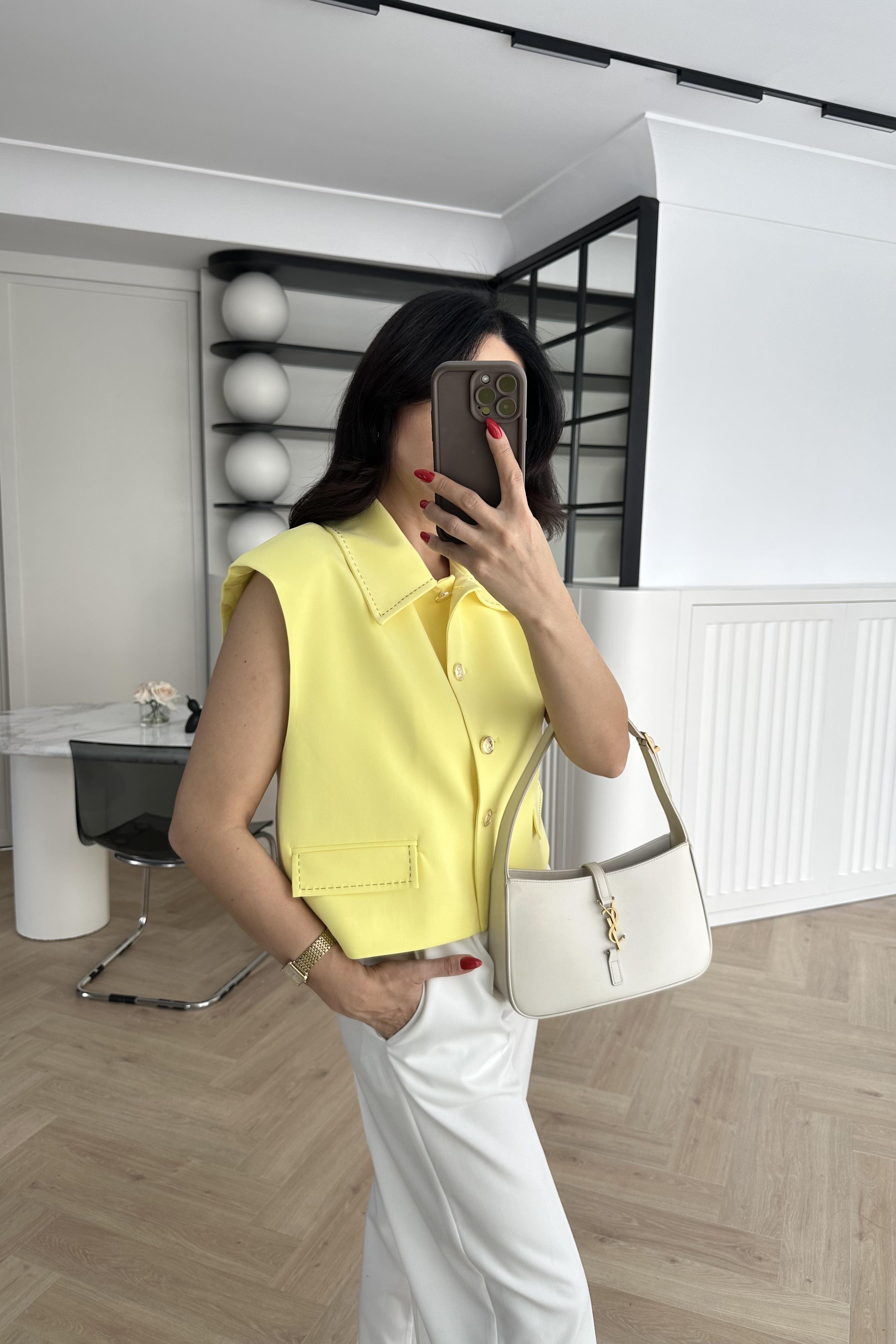 Sarı Gold Düğmeli Astarlı Crop Yelek