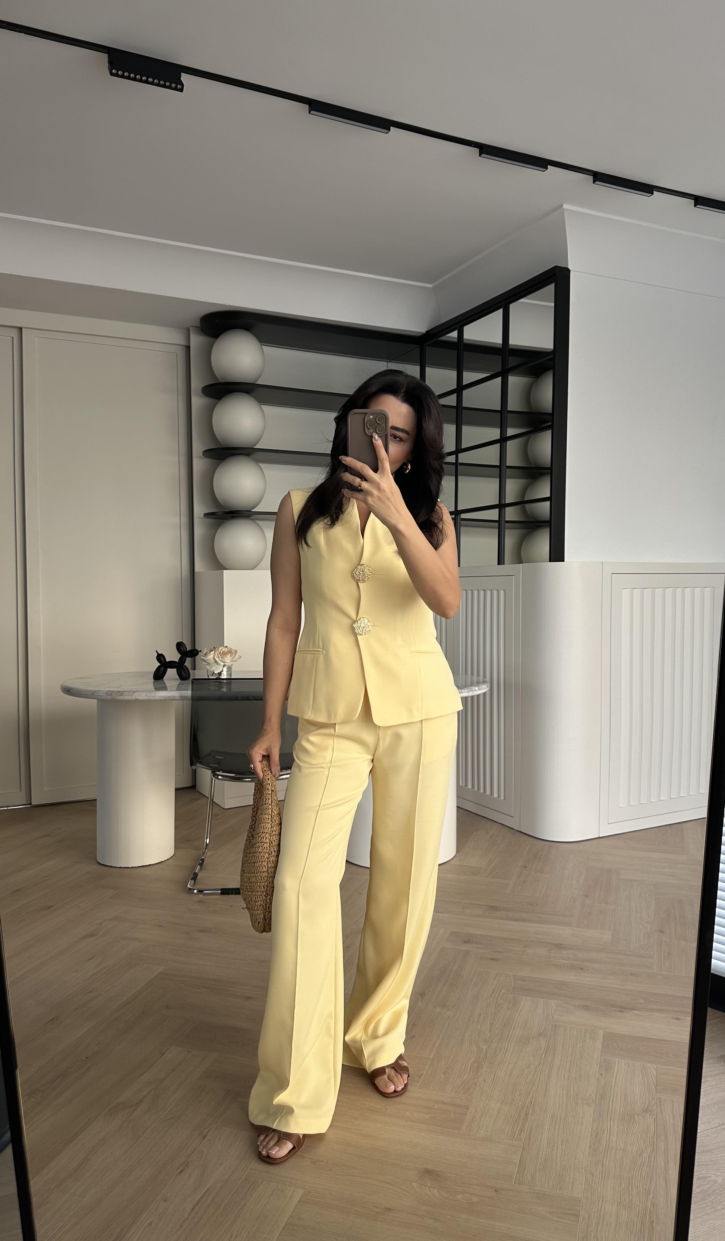 Sarı Gold Düğmeli Ceket Pantolon Takım