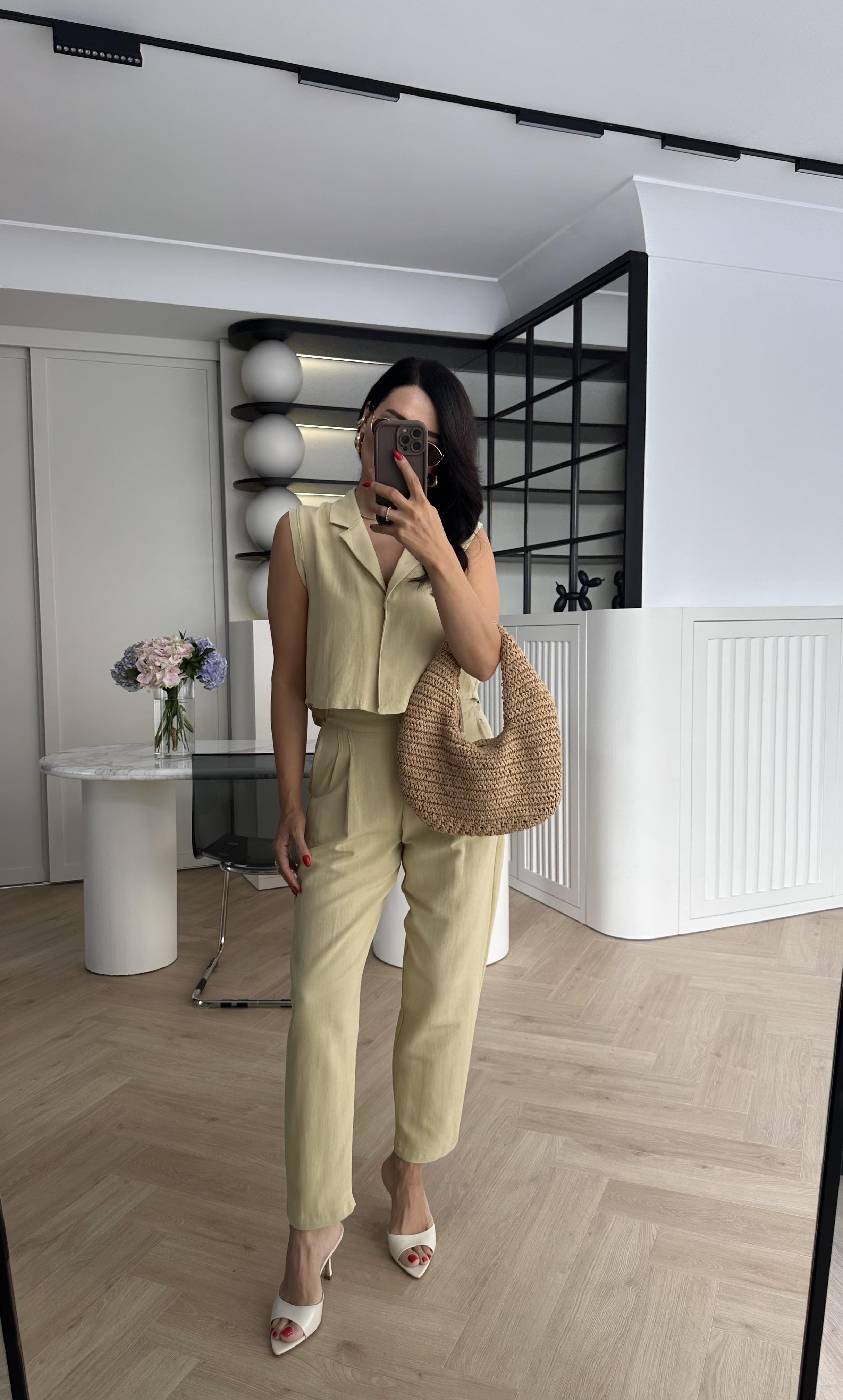 Sarı Keten Pantolon Yelek Takım