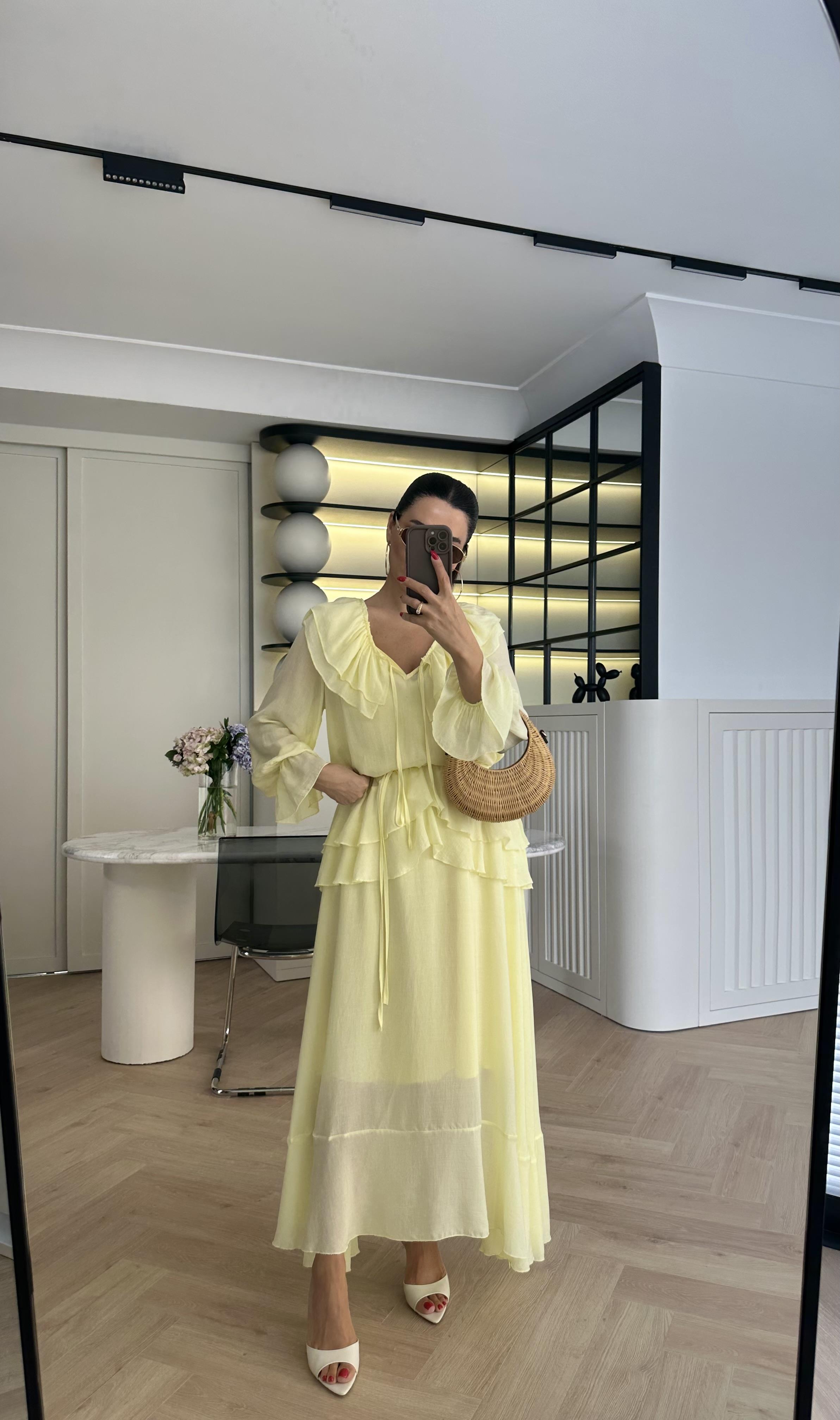 Sarı Özel Pamuklu Vual Kumaş Astarlı Marka Model Elbise