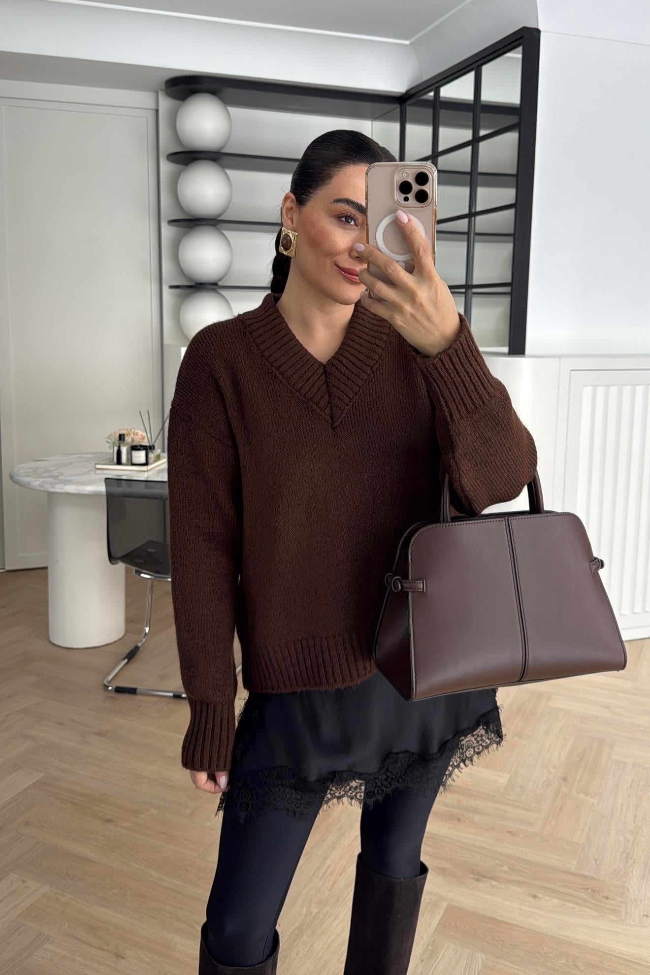 SATEN İP ASKILI ELBİSE ASTARLI TRİKO KAZAK KAHVE 