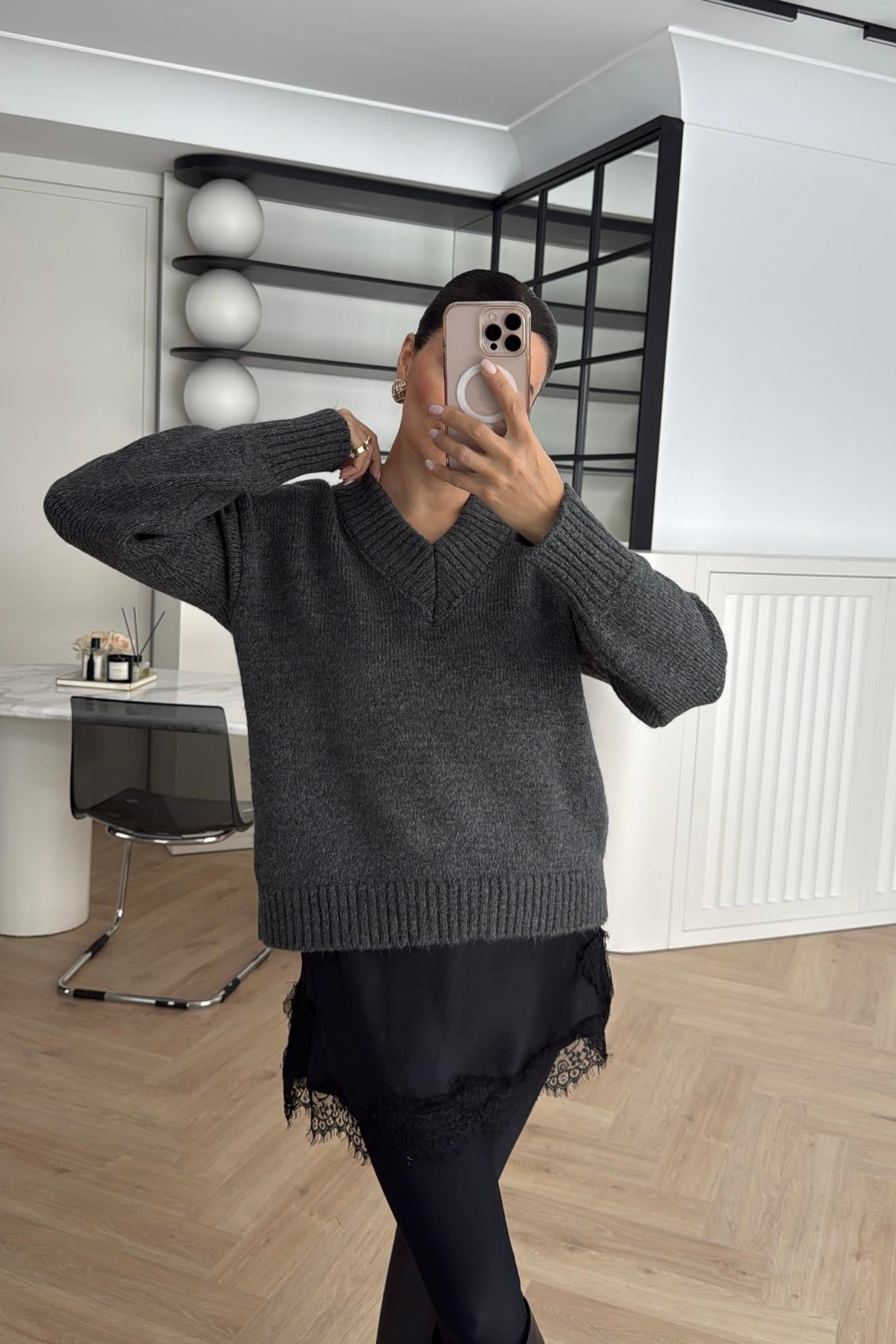 SATEN İP ASKILI ELBİSE ASTARLI TRİKO KAZAK ANTRASİT 