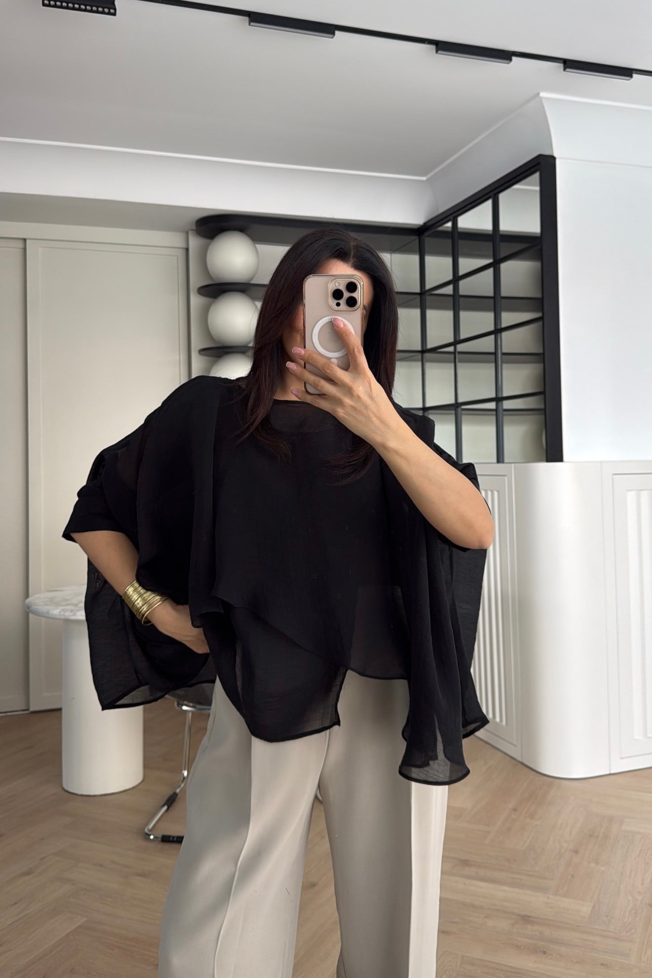 ŞİFON PELERİN BLUZ SİYAH 