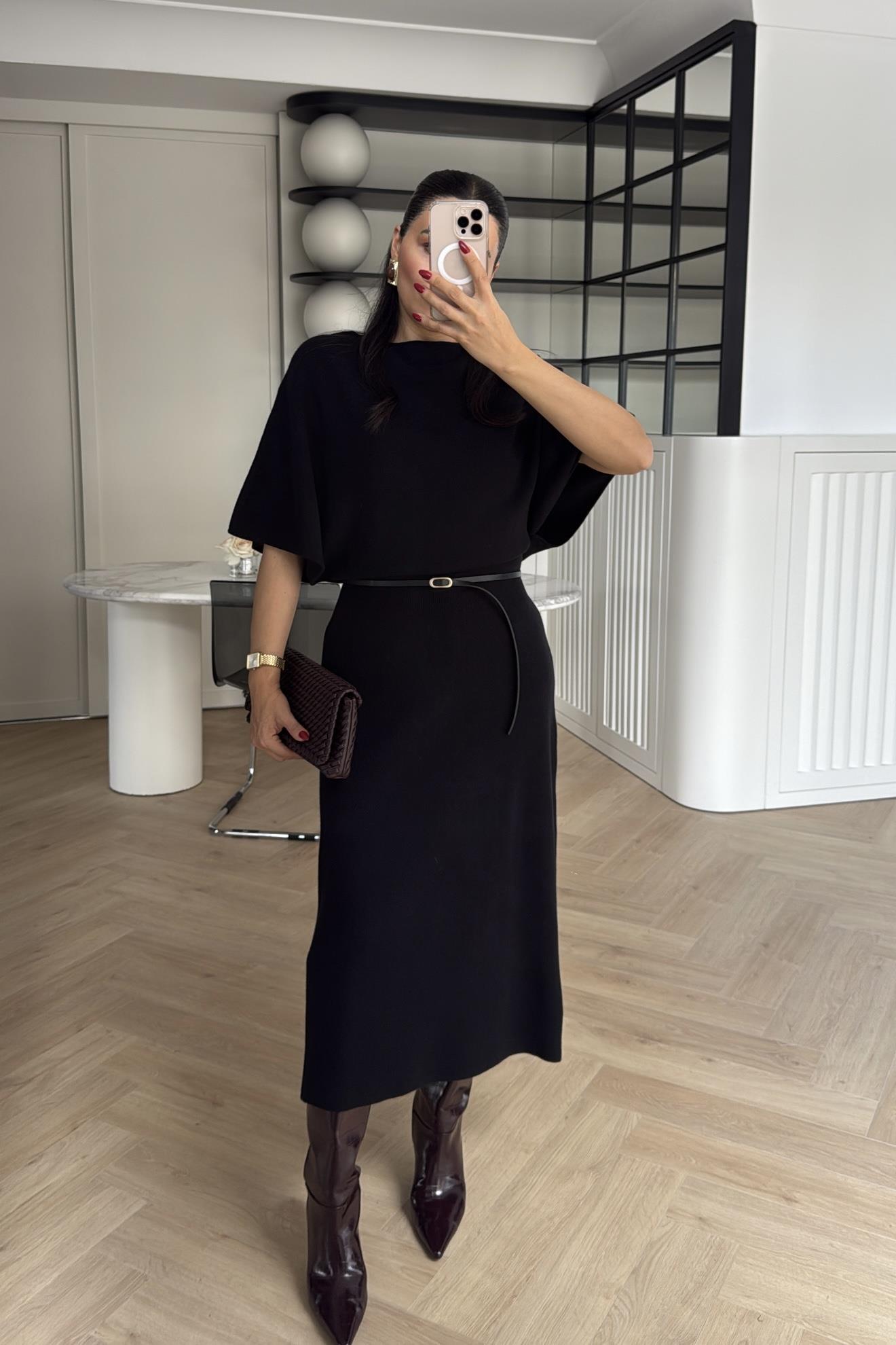 SİYAH DİLVİN KEMERLİ TRİKO ELBİSE