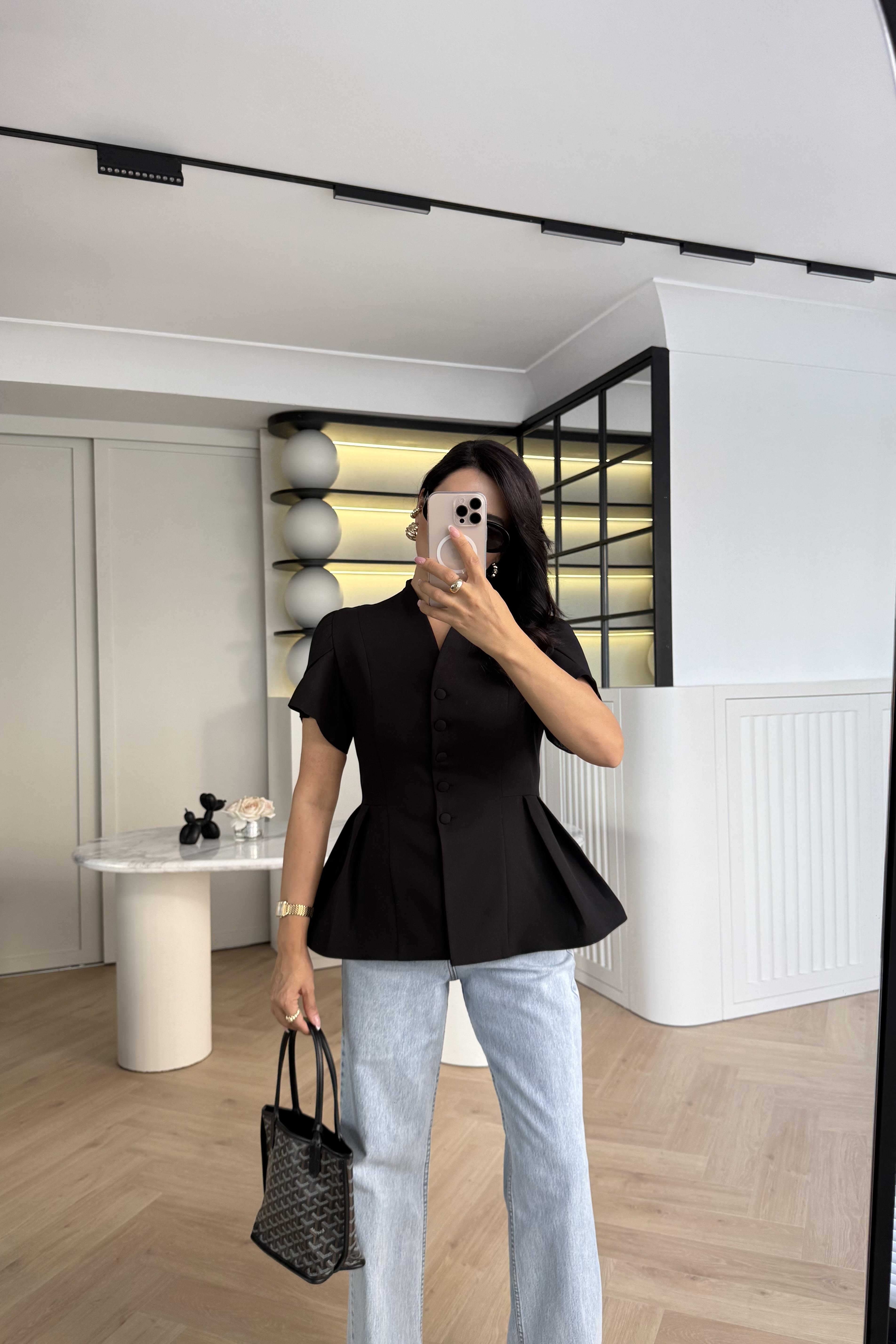 SİYAH DOUBLE KUMAŞ ÖNDEN DÜĞMELİ PİNTEREST MODEL CEKET