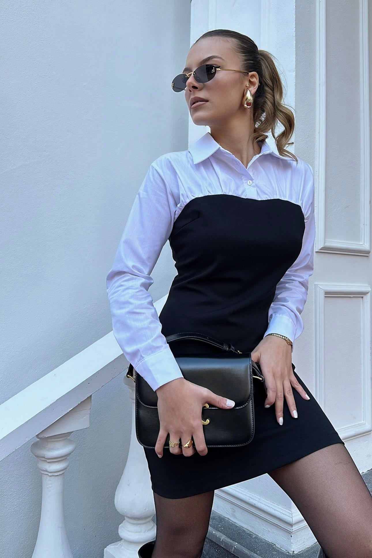 Siyah Gömlek Detaylı Garnili Elbise