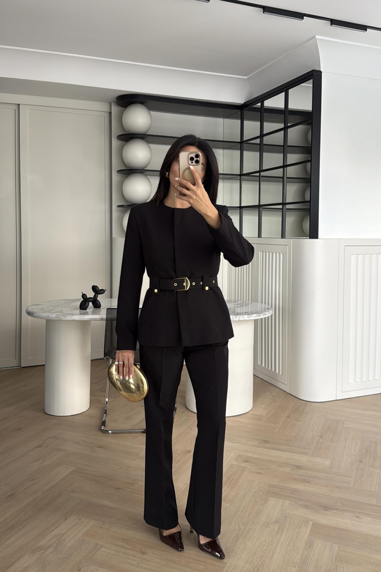 SİYAH KEMERLİ DOUBLE KUMAŞ CEKET PANTOLON TAKIM