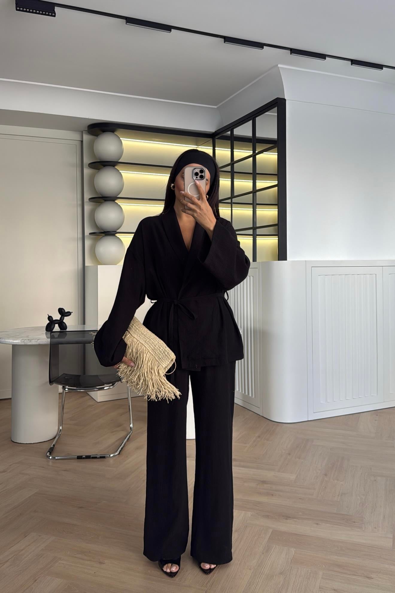 SİYAH KIRINKIL KUMAŞ KİMONO TAKIM 