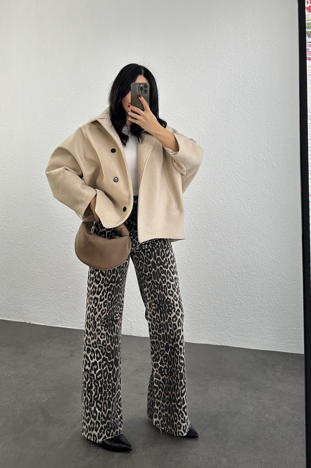 Siyah Leopar Desen Palazzo Jean Pantolon 