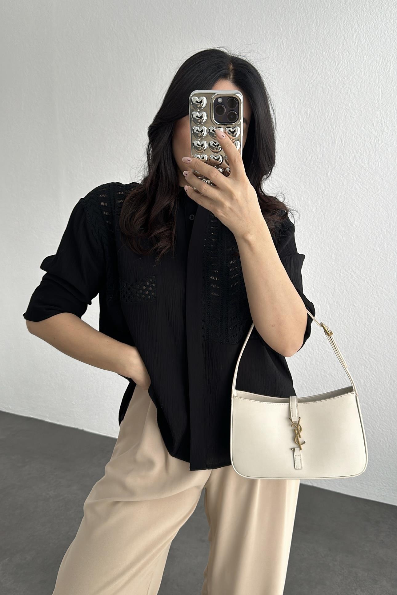 Siyah Marka Model Triko Triko Detaylı Tasarım Gömlek