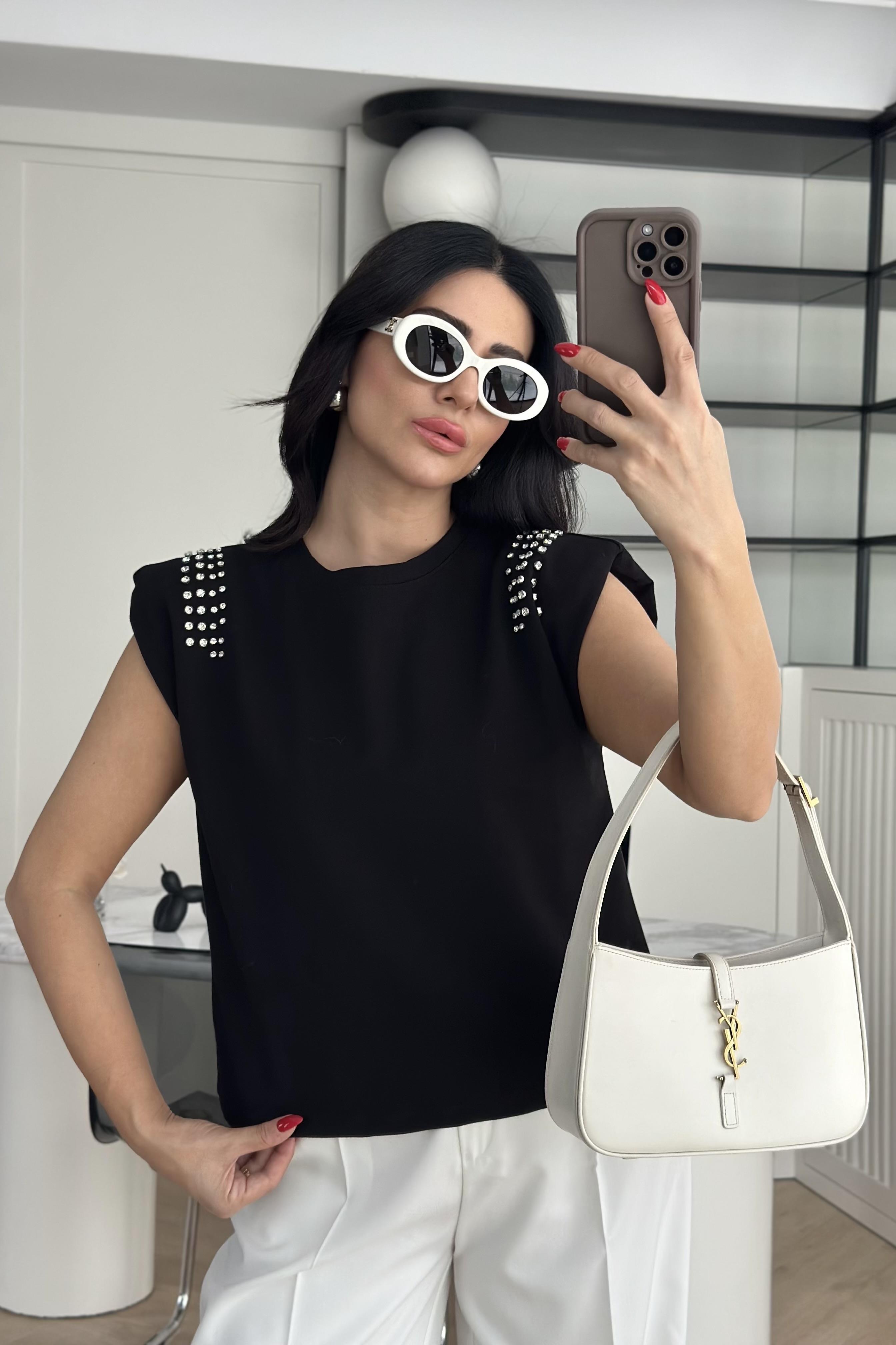 Siyah Omuzları Taşlı Vatkalı Kolsuz Sweatshirt