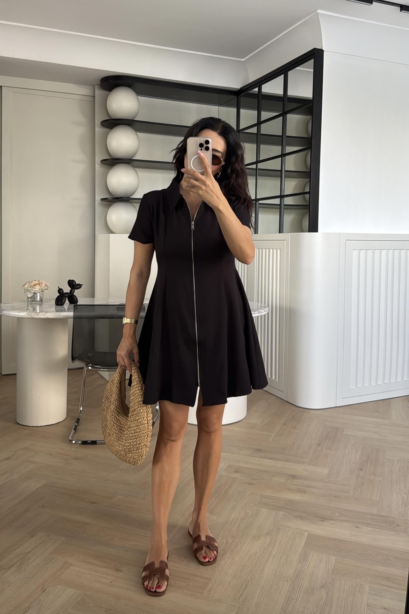 SİYAH ÖNDEN FERMUARLI KREP KUMAŞ ELBİSE