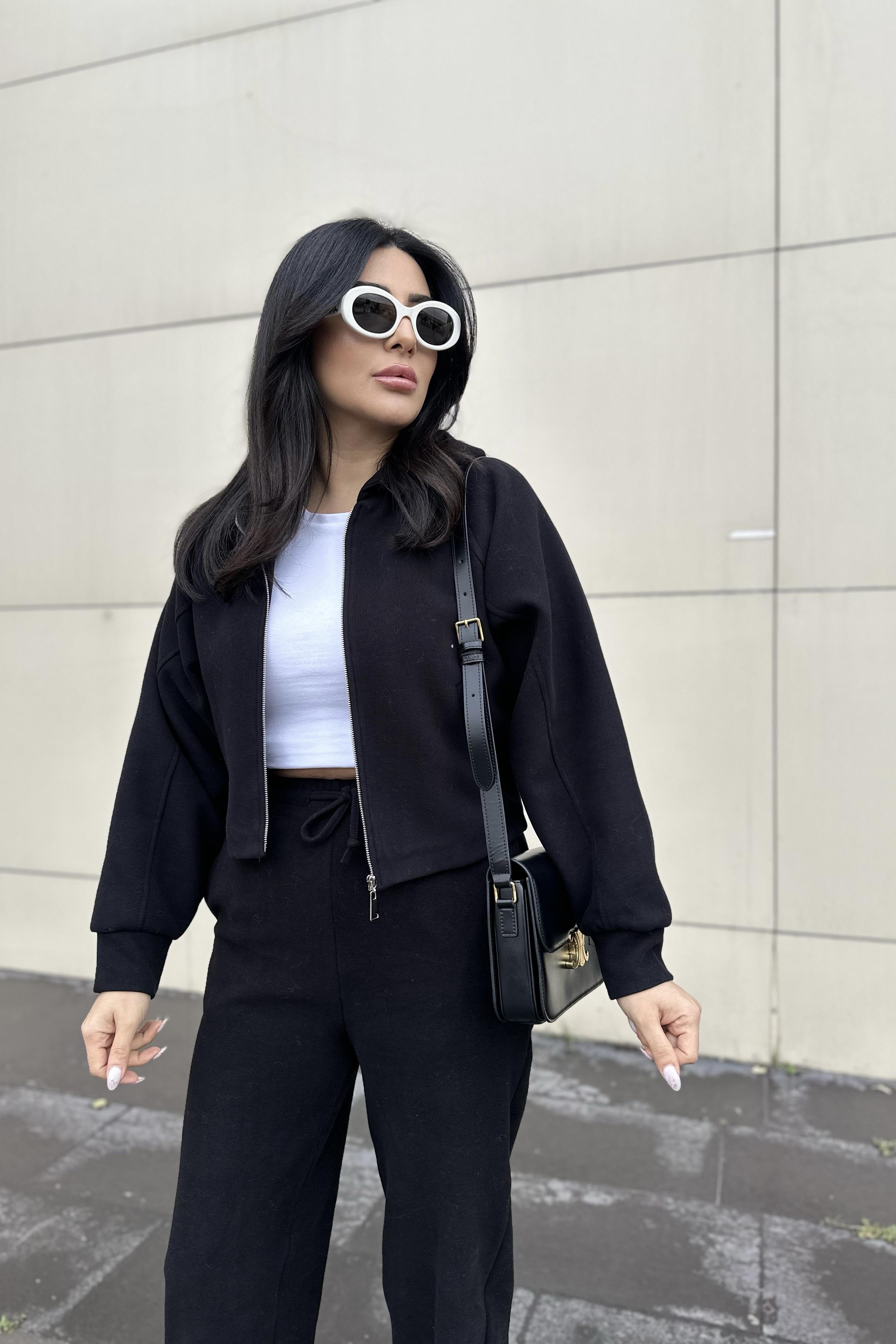 Siyah Önü Fermuarlı Sweatshırt Pantolon Takım