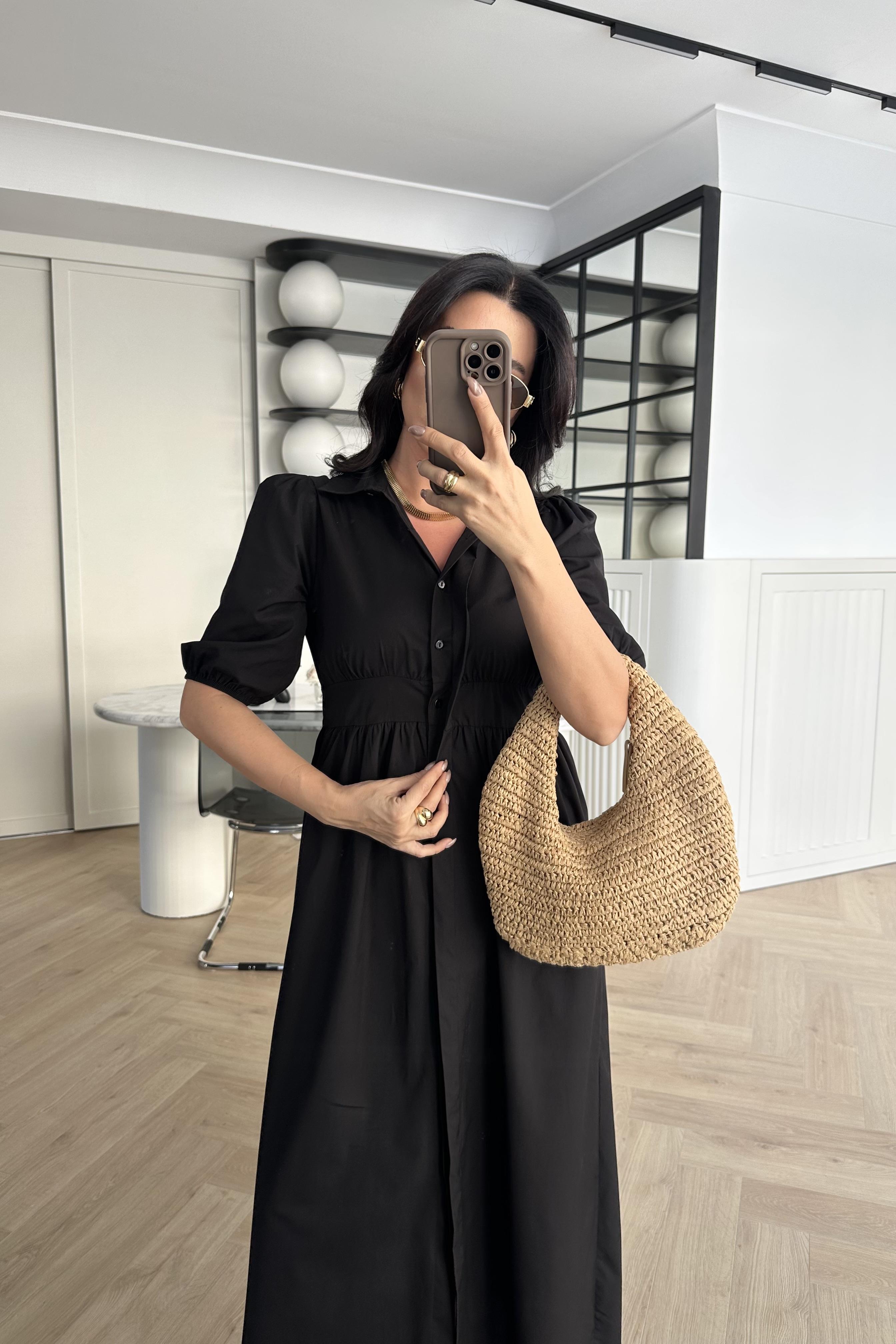 Siyah Poplin Kumaş Önden Düğmeli Elbise