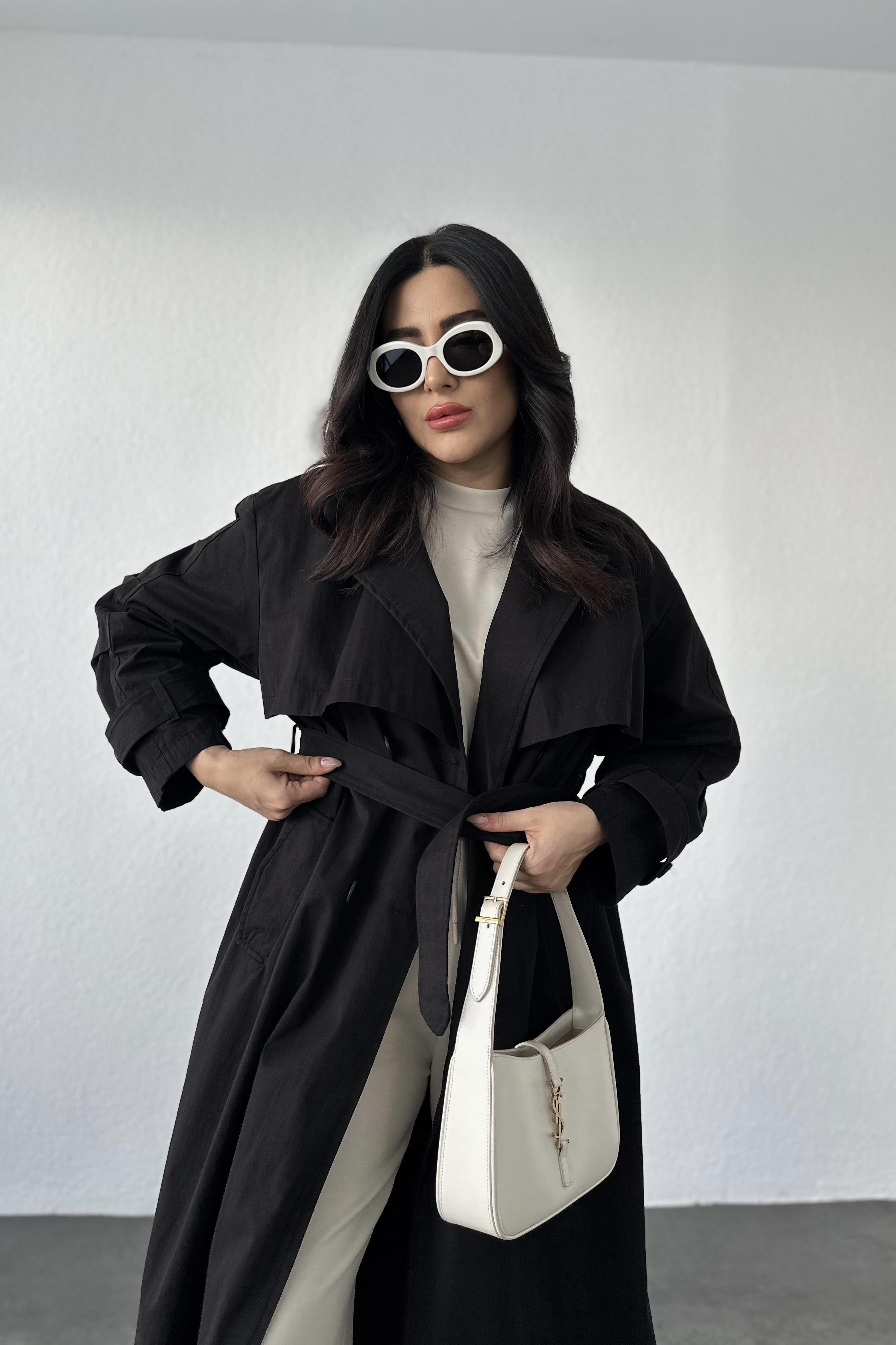 Siyah Premium Seri Rahat Kalıp Astarsız Trençkot