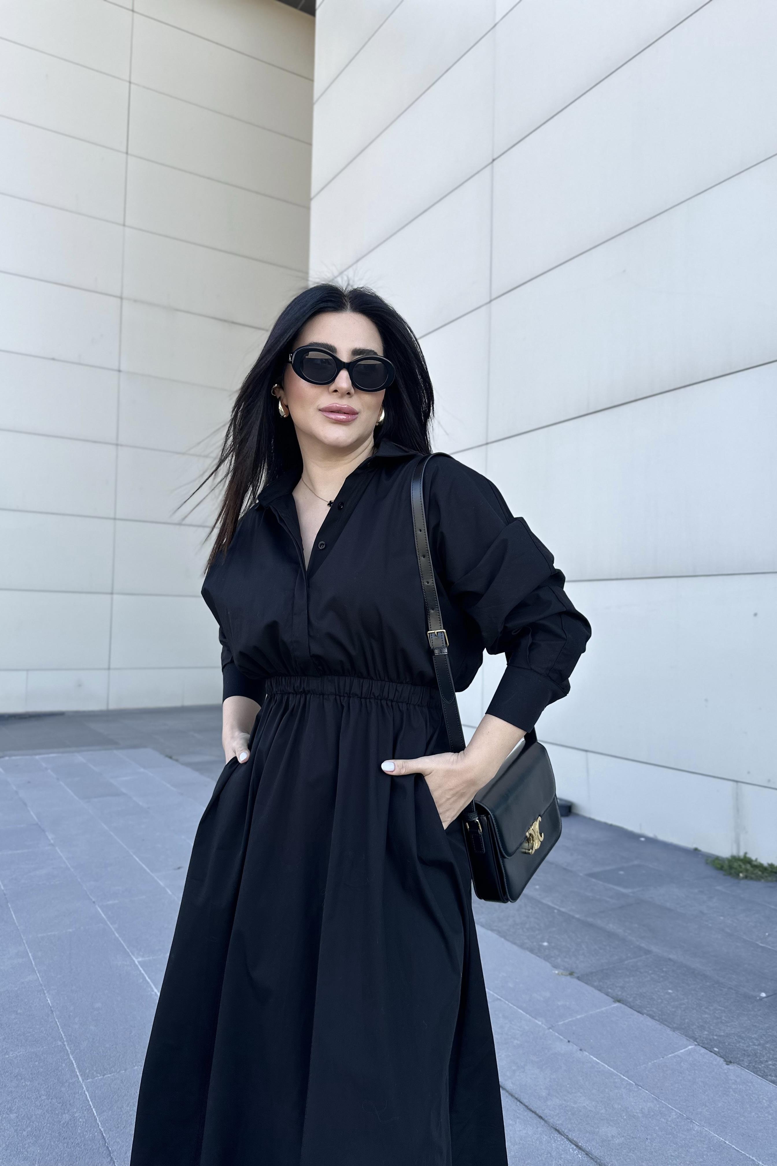 Siyah Renk Beli Lastikli Maxi Boy Poplin Kumaş Elbise