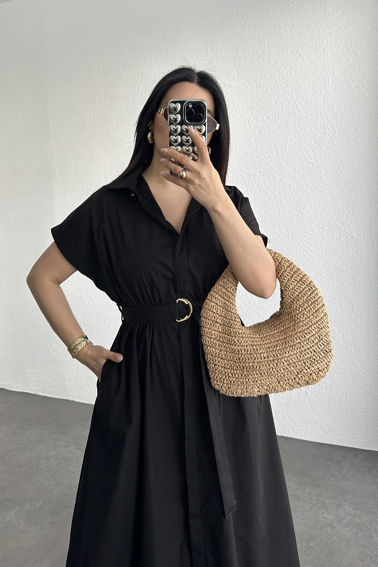 Siyah Renk Kemerli Cep Detaylı Gömlek Elbise 