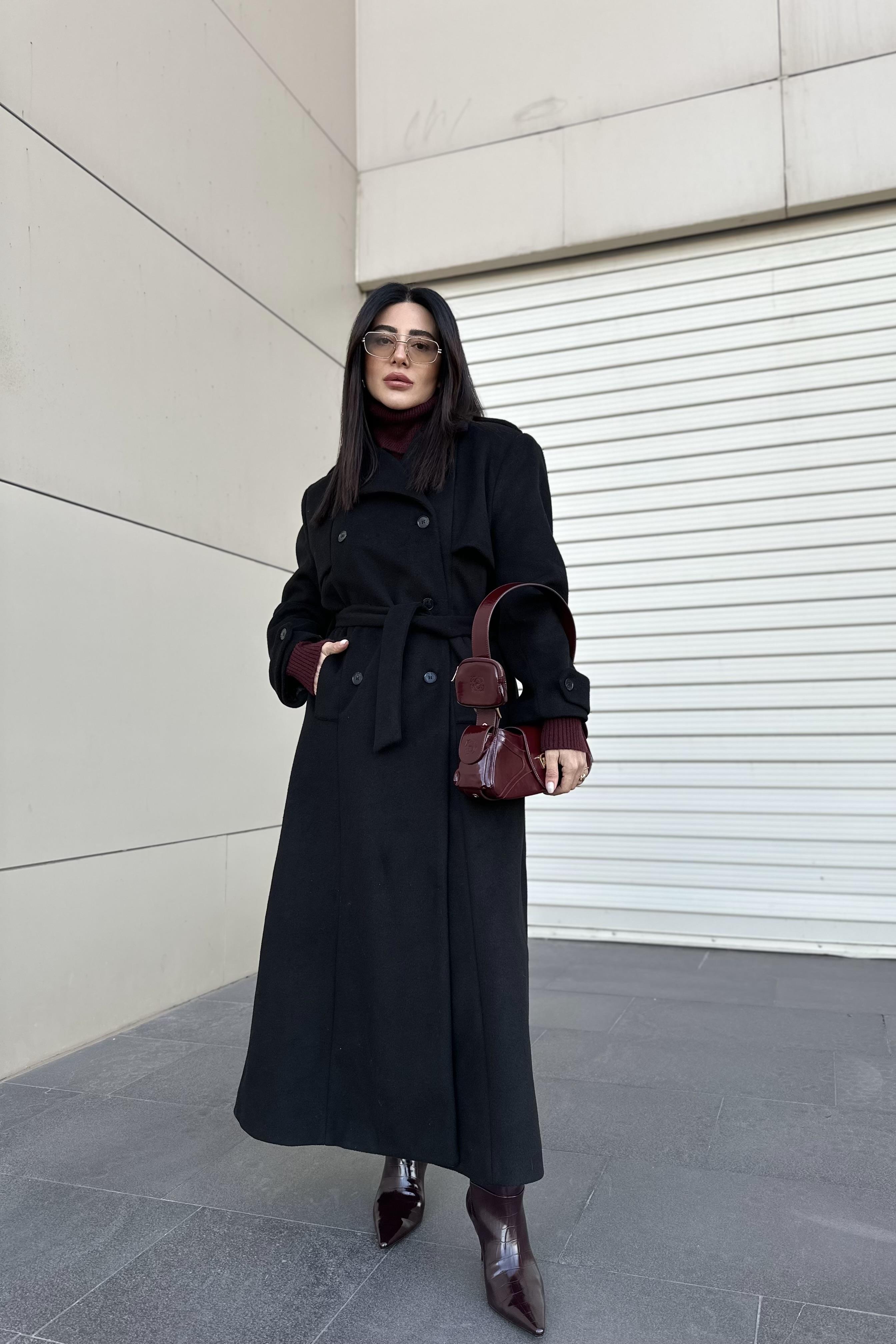 Siyah Renk Maxi Boy Premium Kaşe Kaban