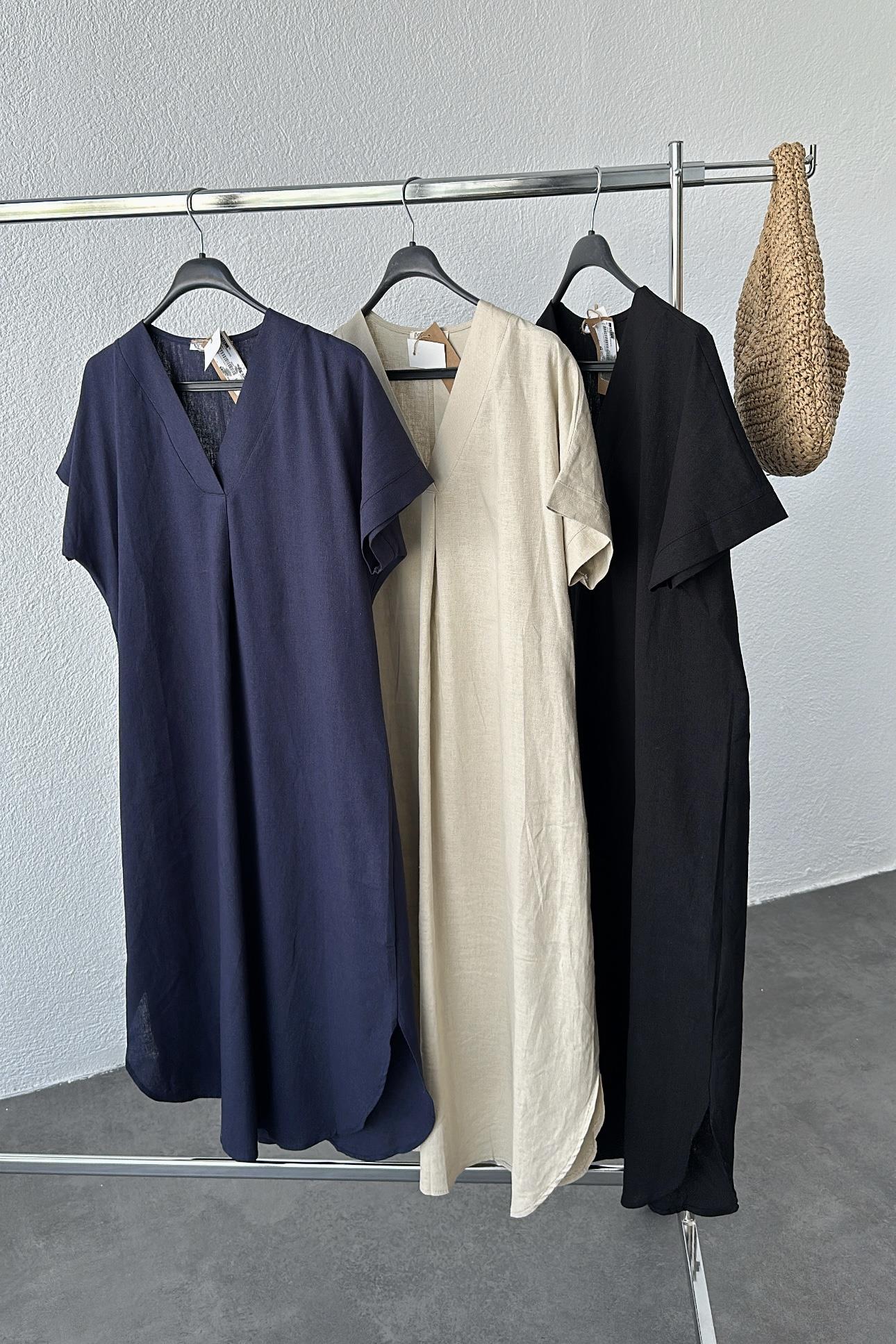 Siyah Renk Rahat Kalıp Keten Elbise