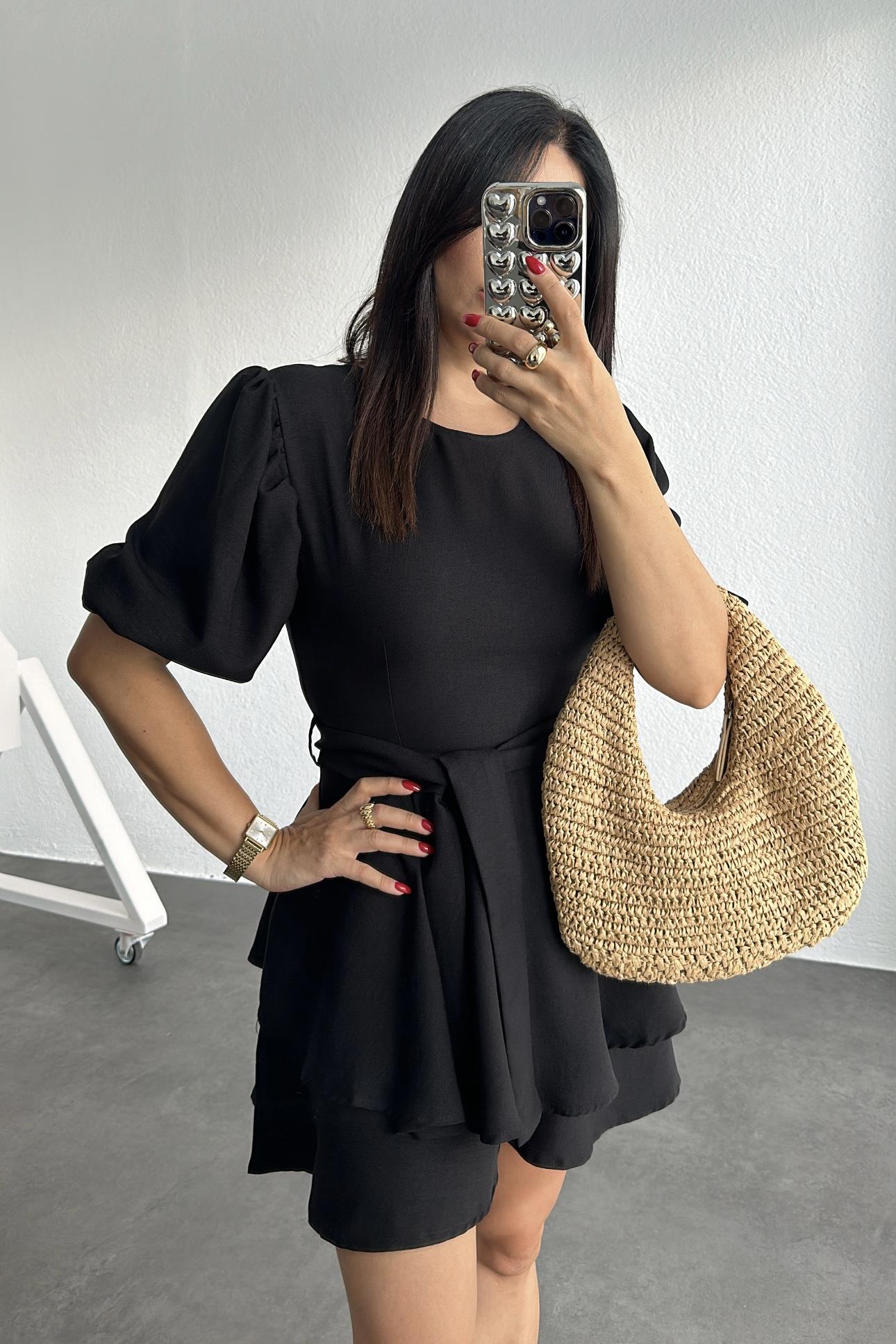 Siyah Renk Şortlu Keten Elbise