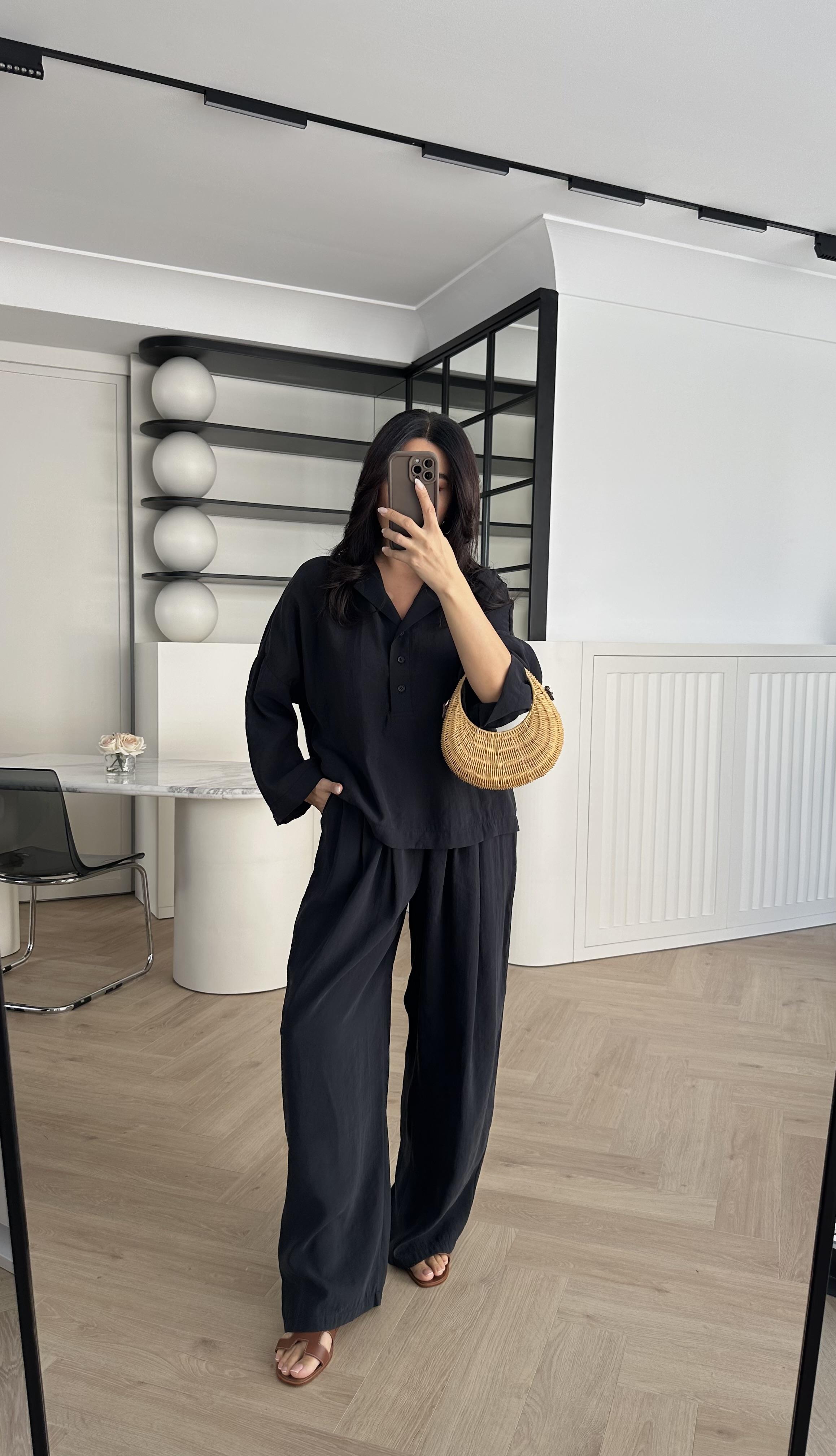 Siyah Tensel Düğmeli Salaş Gömlek