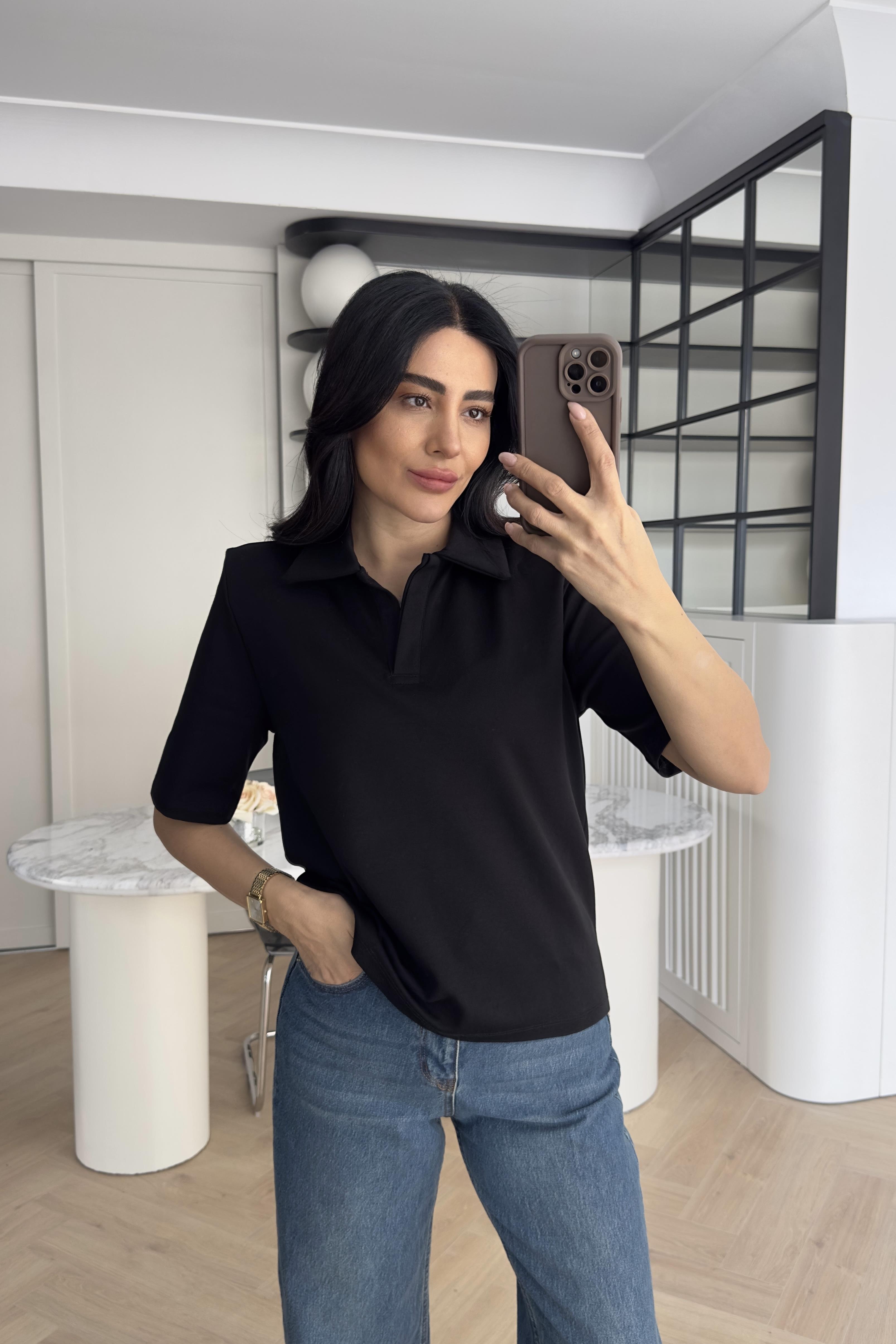 Siyah Vatkalı Polo Yaka Tişört 