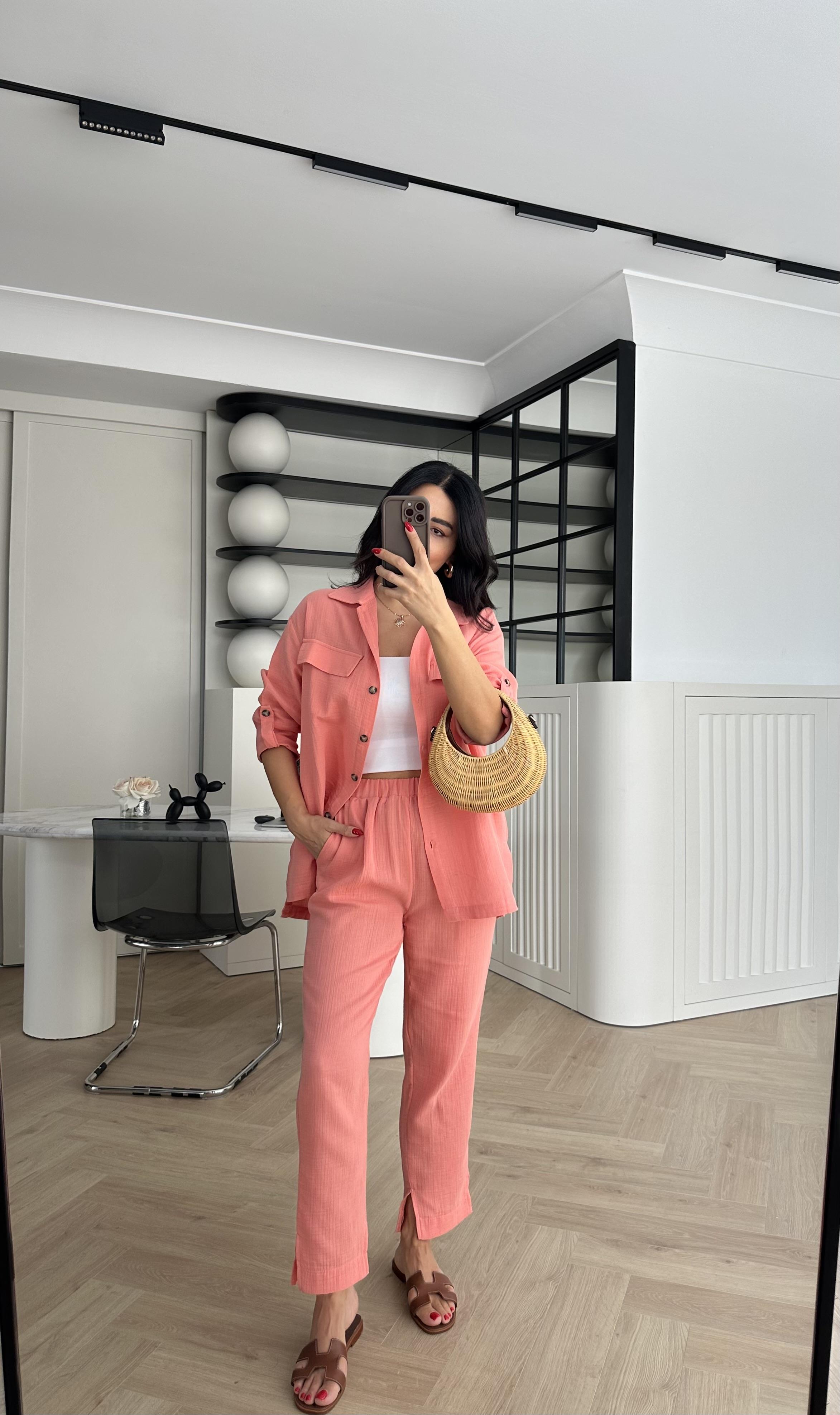 Somon Müslin Kumaş Gömlek Pantolon Takım