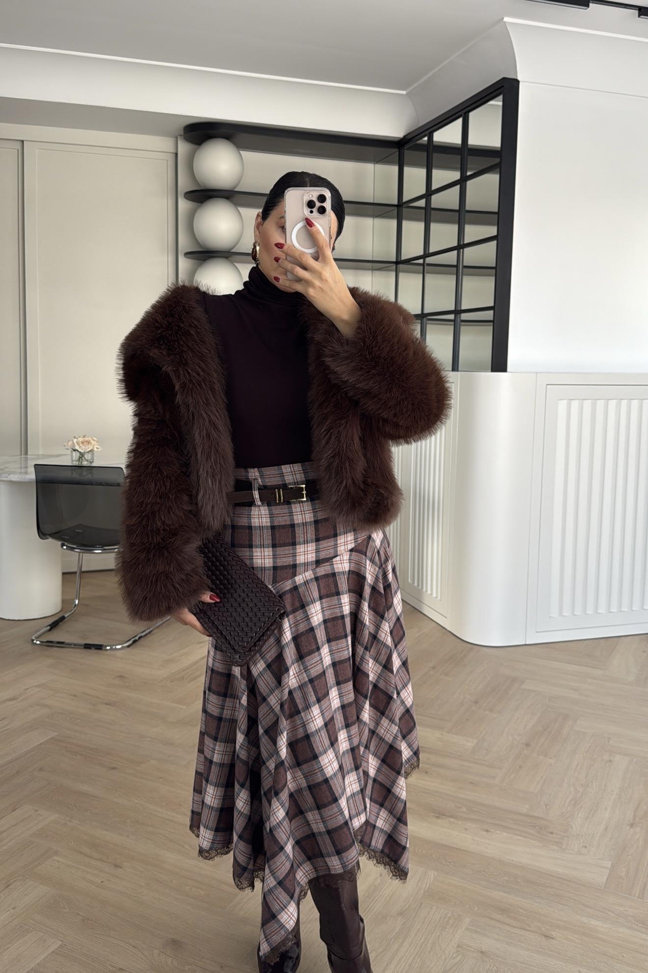 SÜET KEMERLİ ETEK UCU DANTELLİ EKOSE ETEK