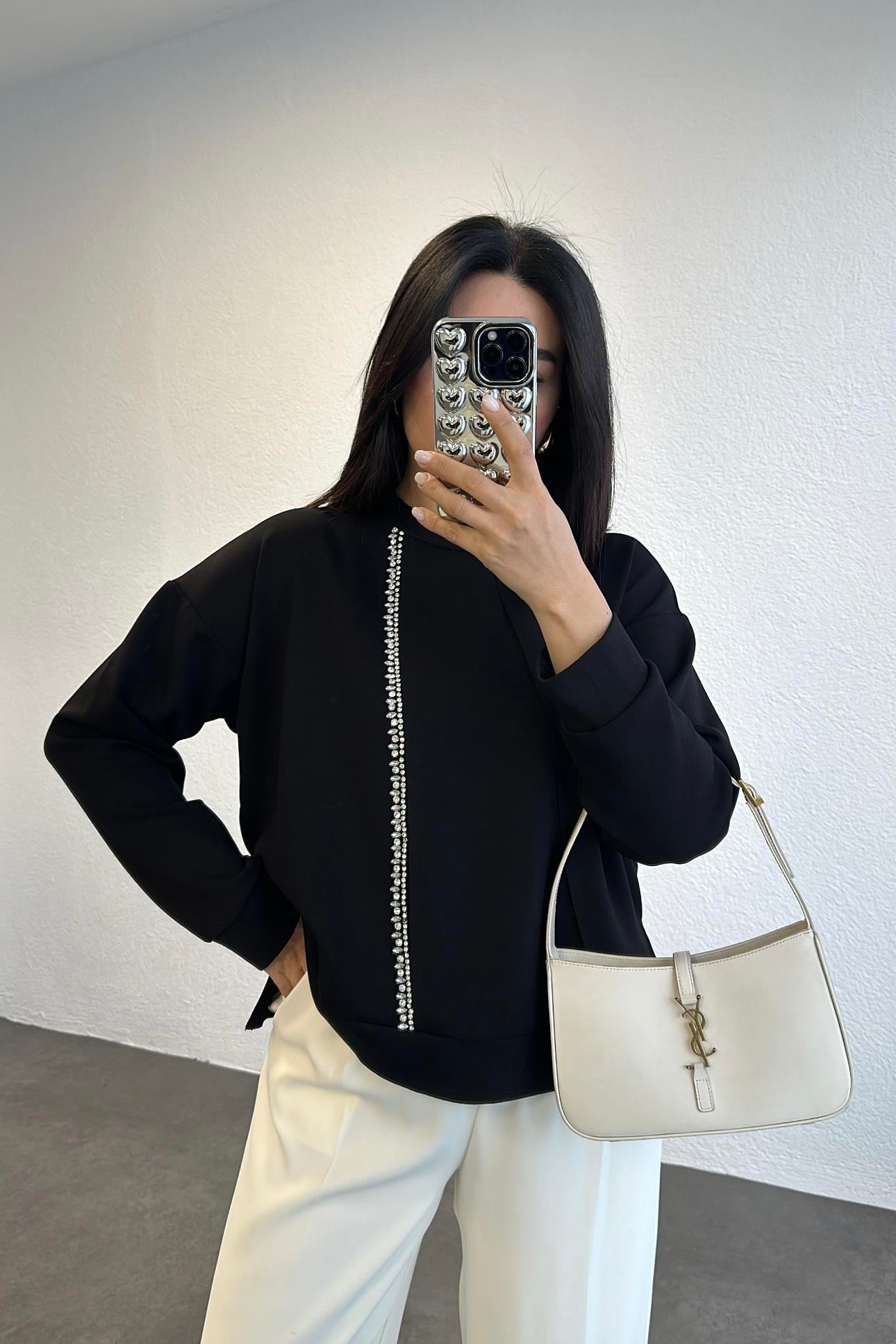 Taş Detaylı Siyah Modal Kumaş Marka Model Sweatshırt