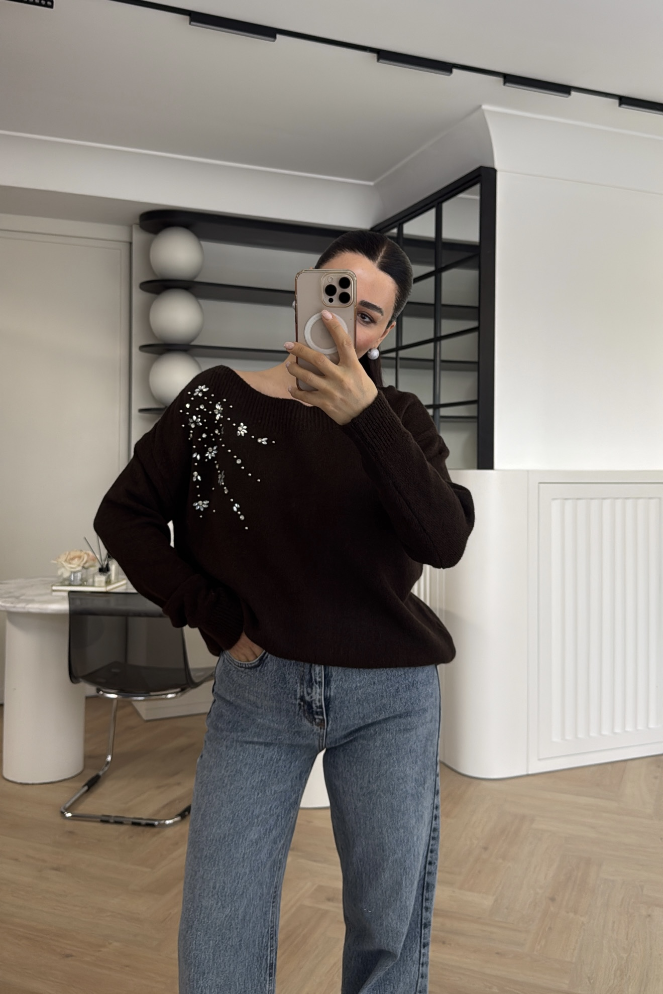 TAŞ DETAYLI TRİKO KAZAK KAHVE 