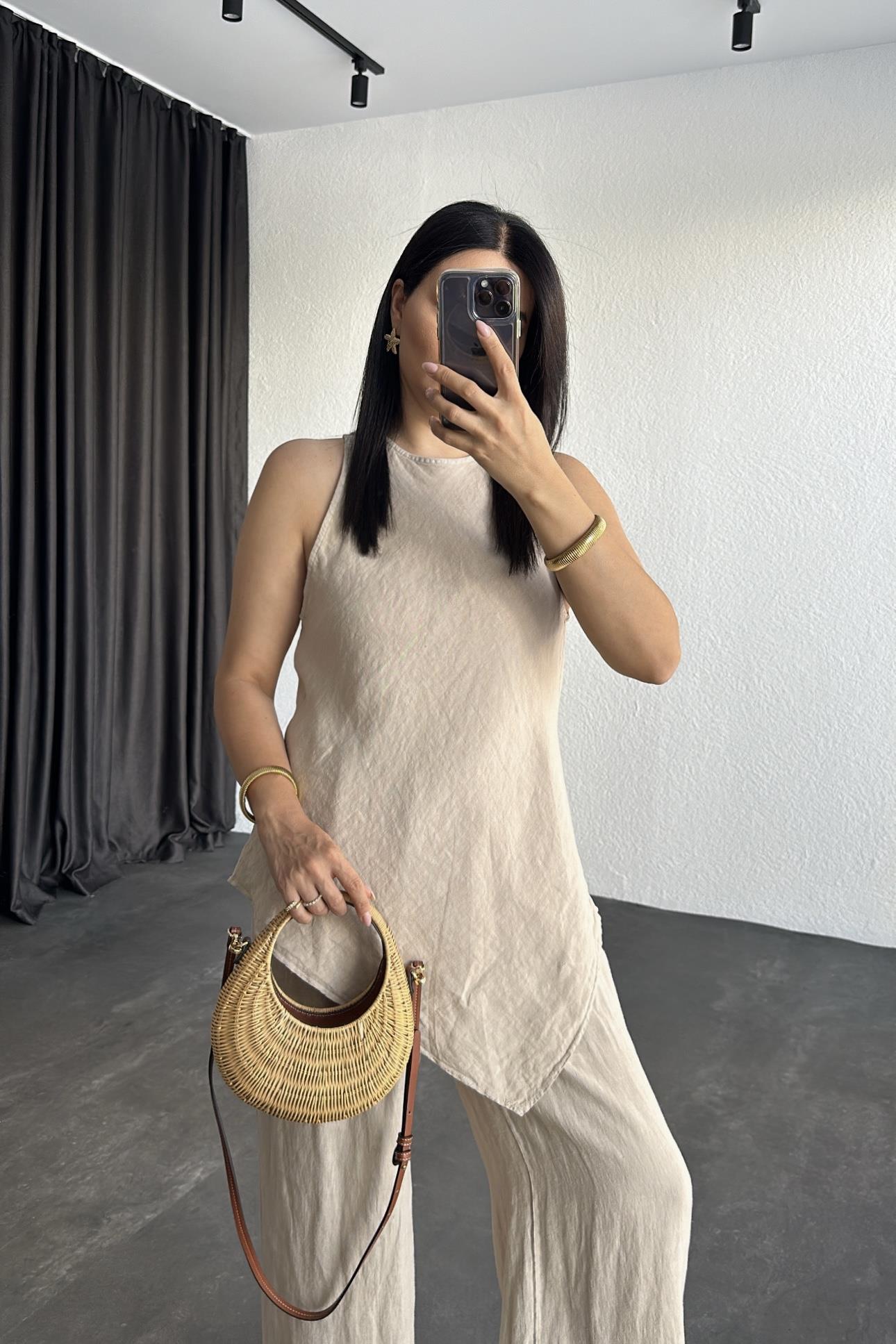 Taş Ham Keten Bluz Pantolon Takım