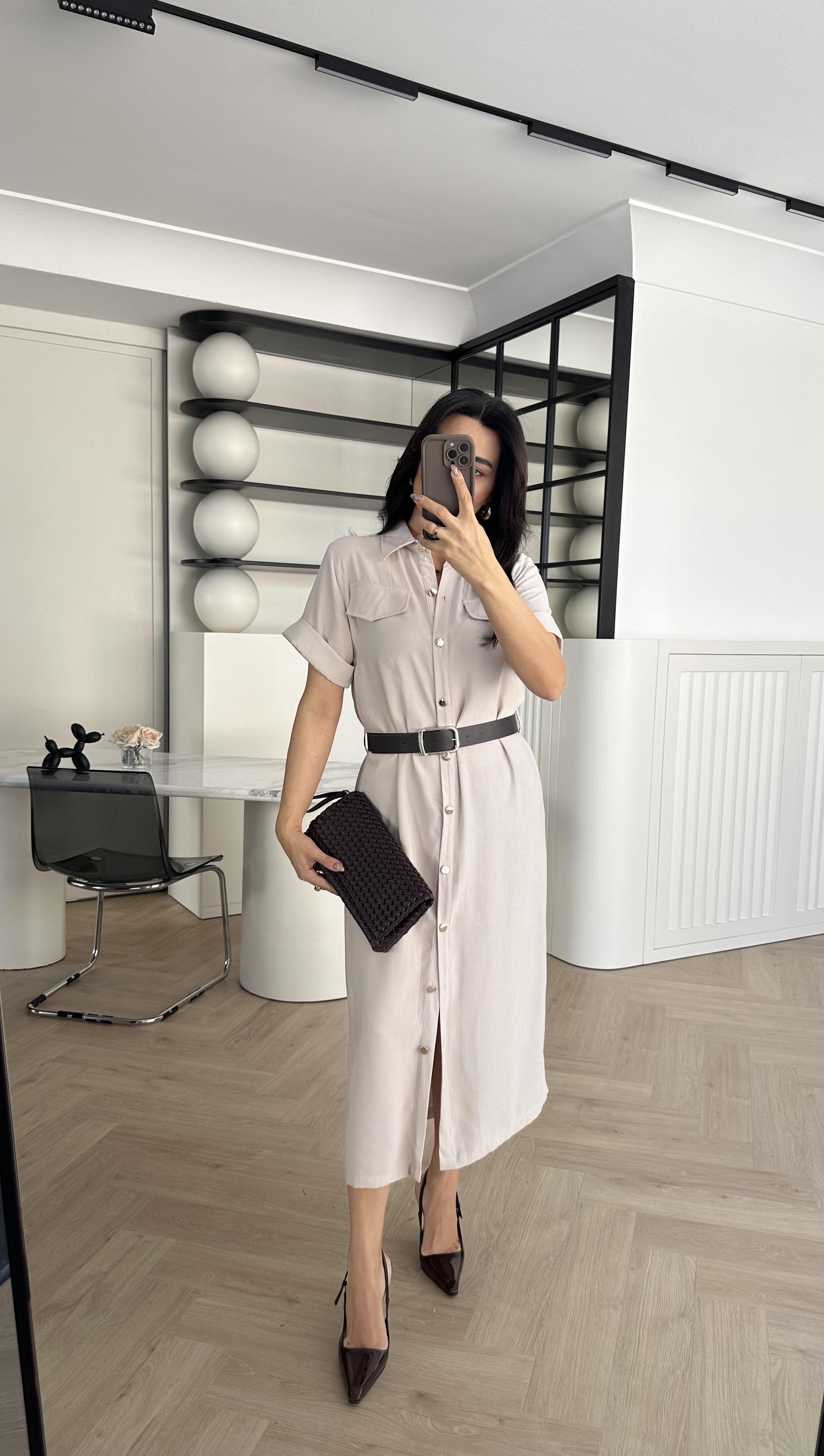 Taş Kemerli Tensel Kumaş Gömlek Elbise