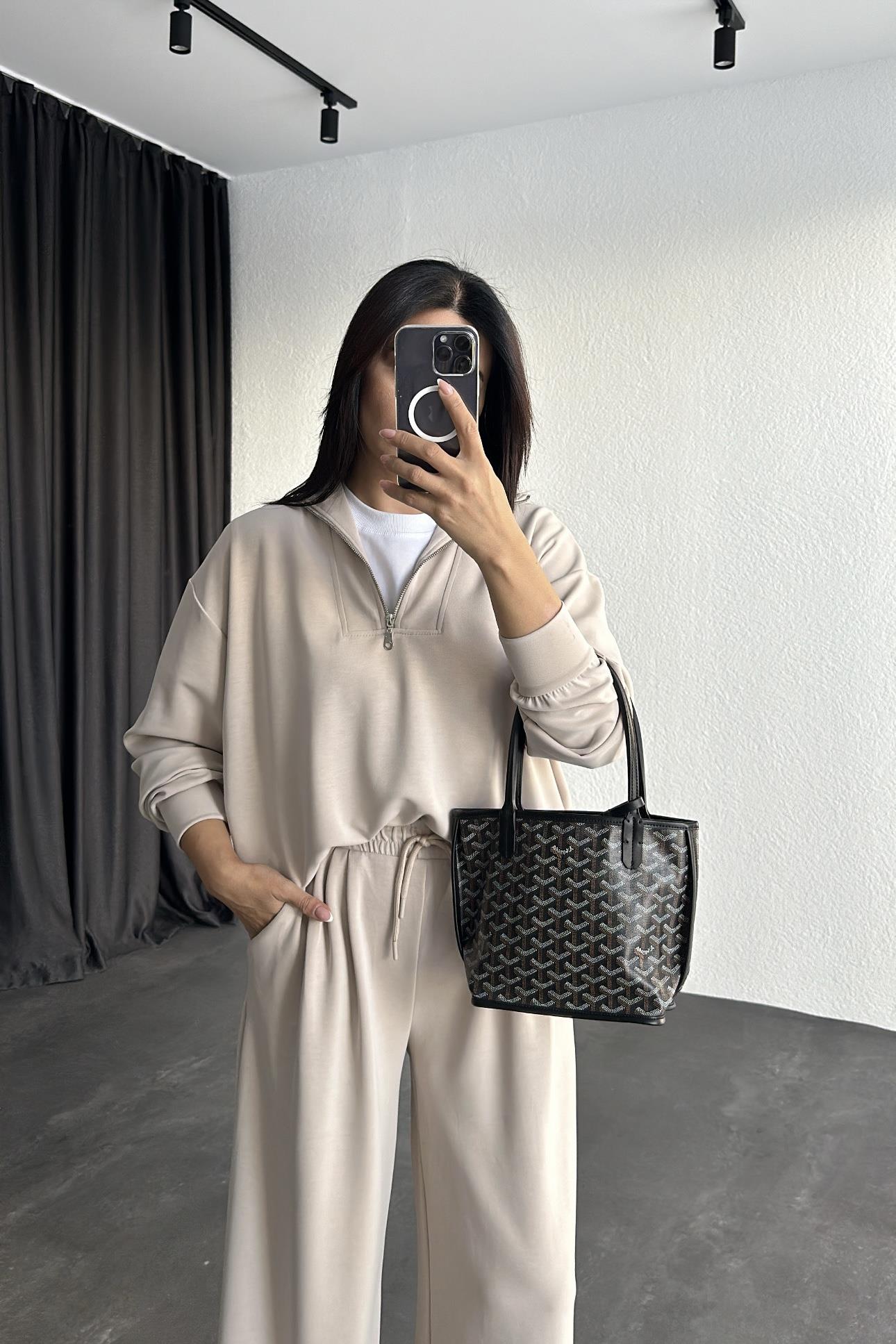 Taş Modal Kumaş Fermuarlı Sweartshırt Eşofman Takım 