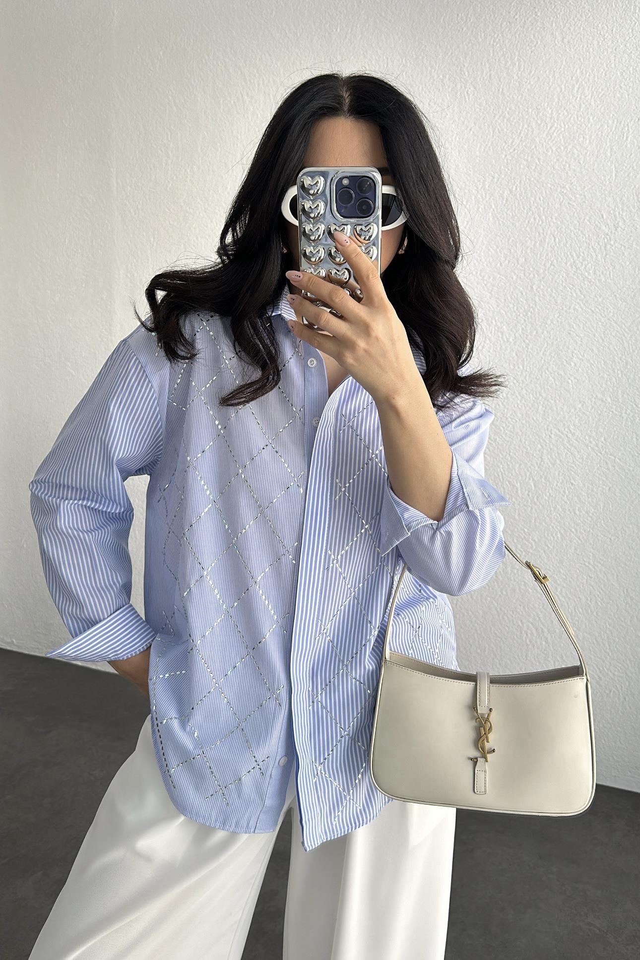 Tasarım Taş Detaylı Gömlek Mavi 