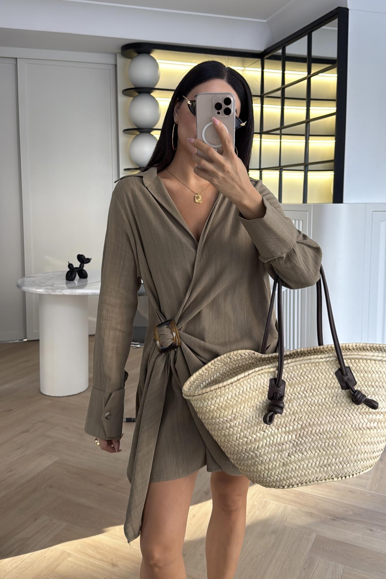 TOKALI HAKİ KETEN GÖMLEK ELBİSE