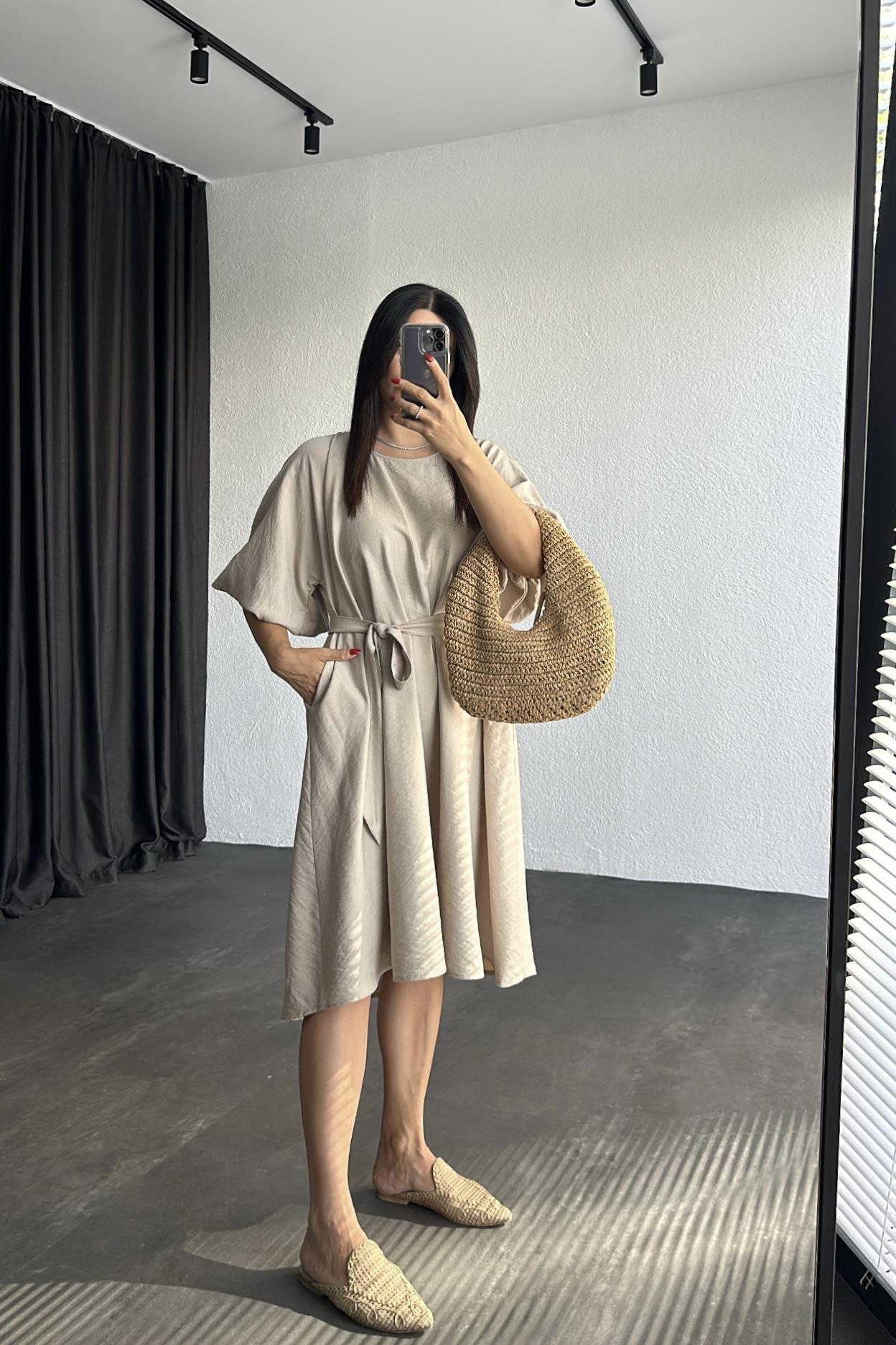 Vizon Balon Kol Oversize Keten Elbise