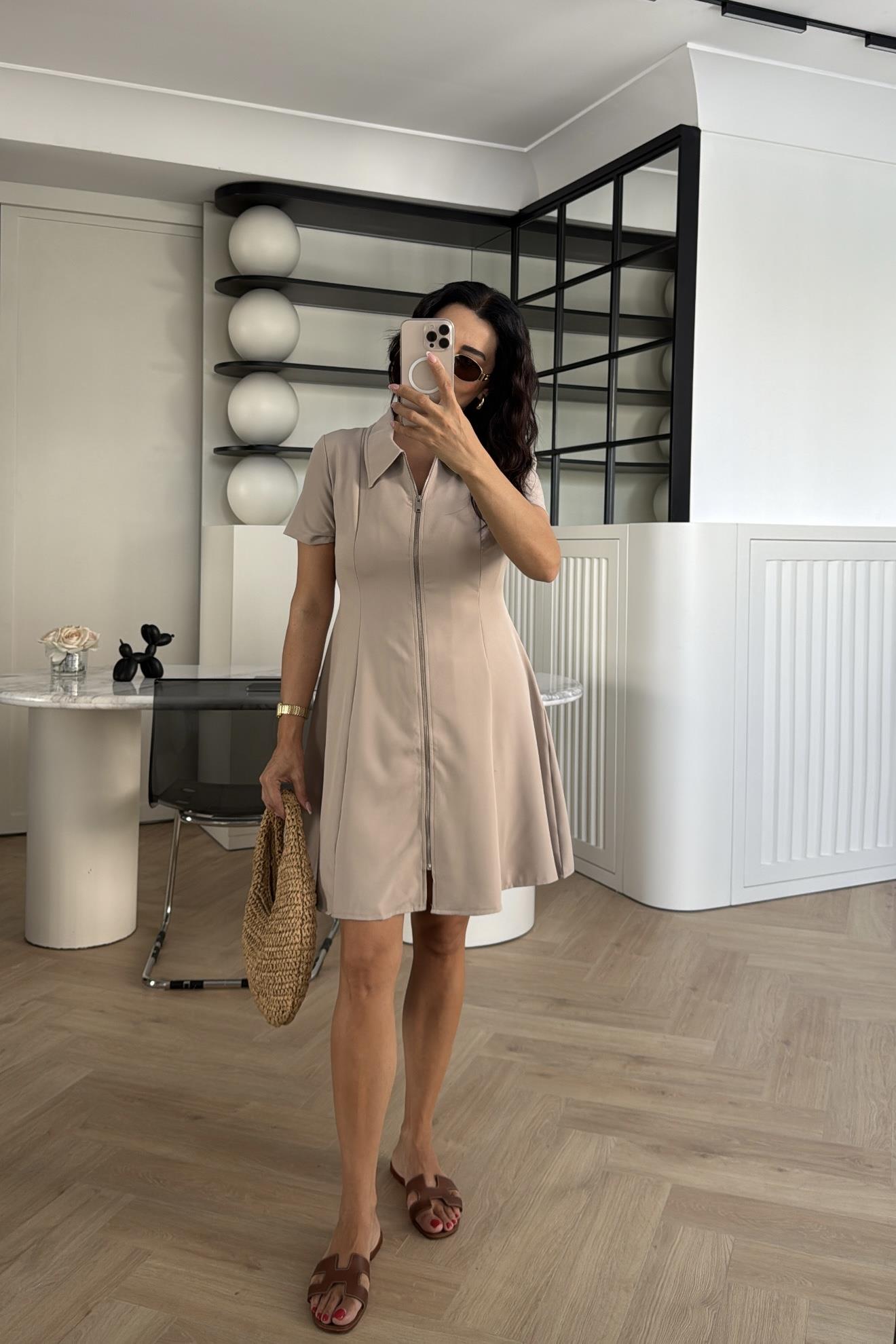 VİZON ÖNDEN FERMUARLI KREP KUMAŞ ELBİSE