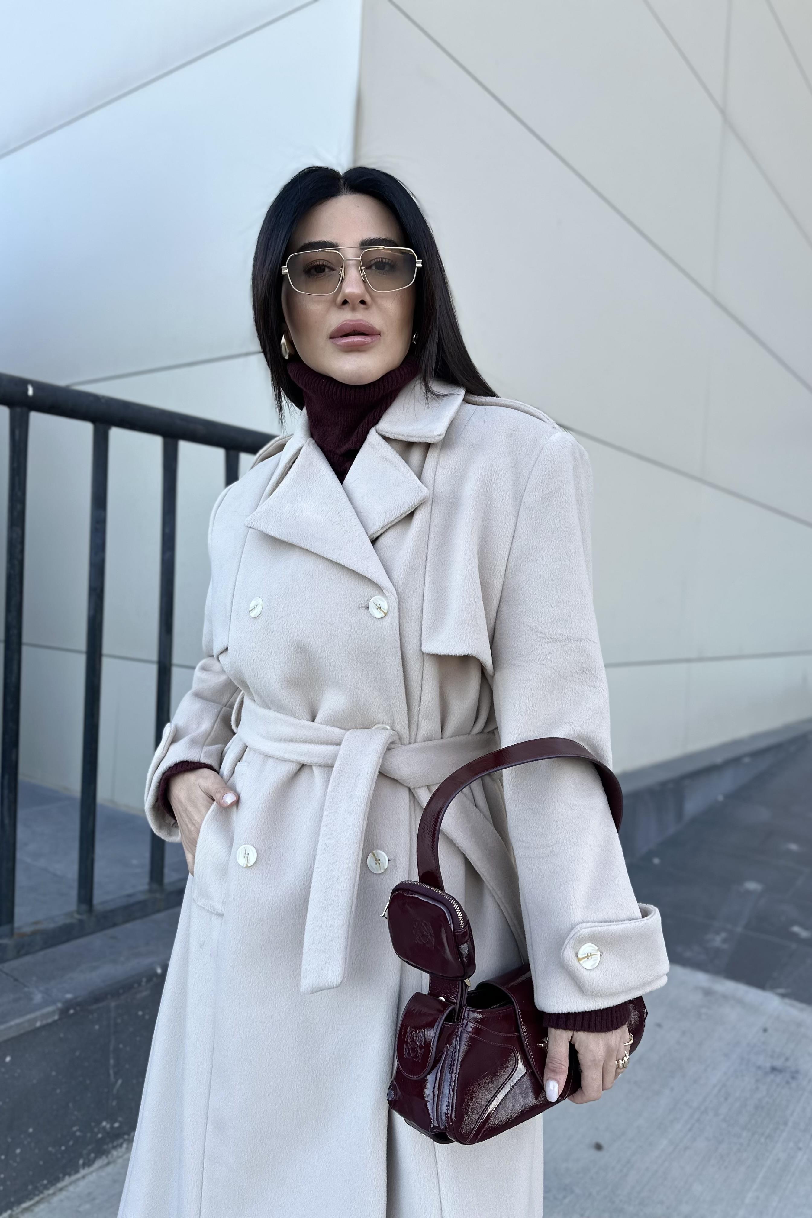 Vizon Renk Maxi Boy Premium Kaşe Kaban 