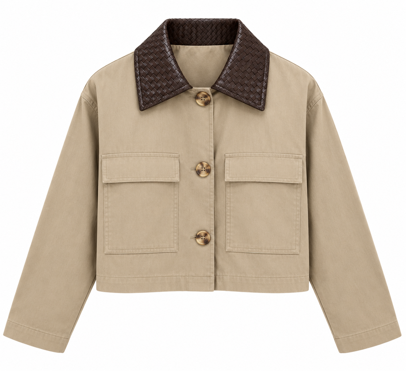 Yakası Deri Detaylı Gabardin Ceket Camel 