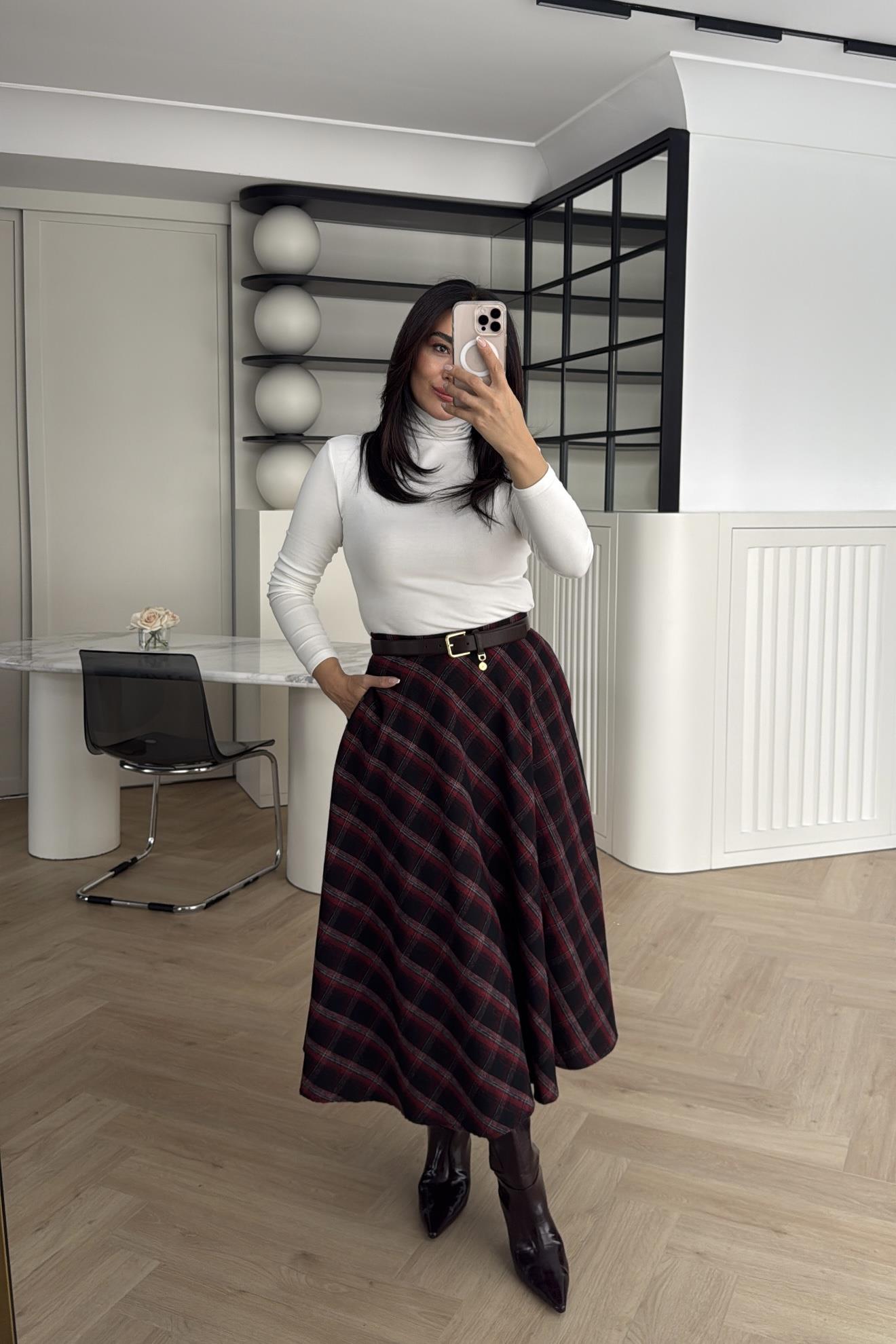 YANDAN FERMUARLI CEP DETAYLI EKOSE ETEK BORDO 