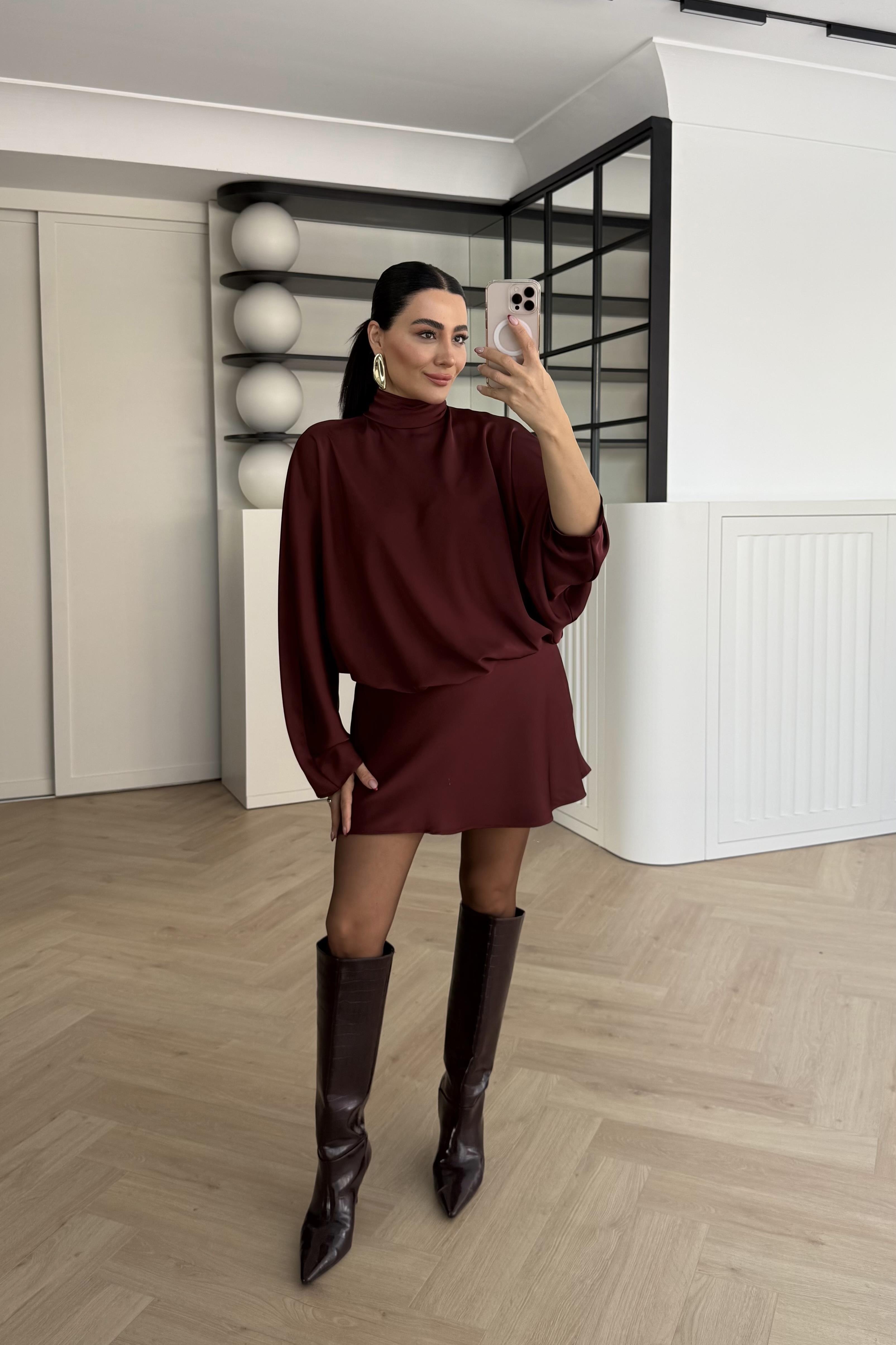 YANDAN FERMUARLI SATEN ELBİSE BORDO