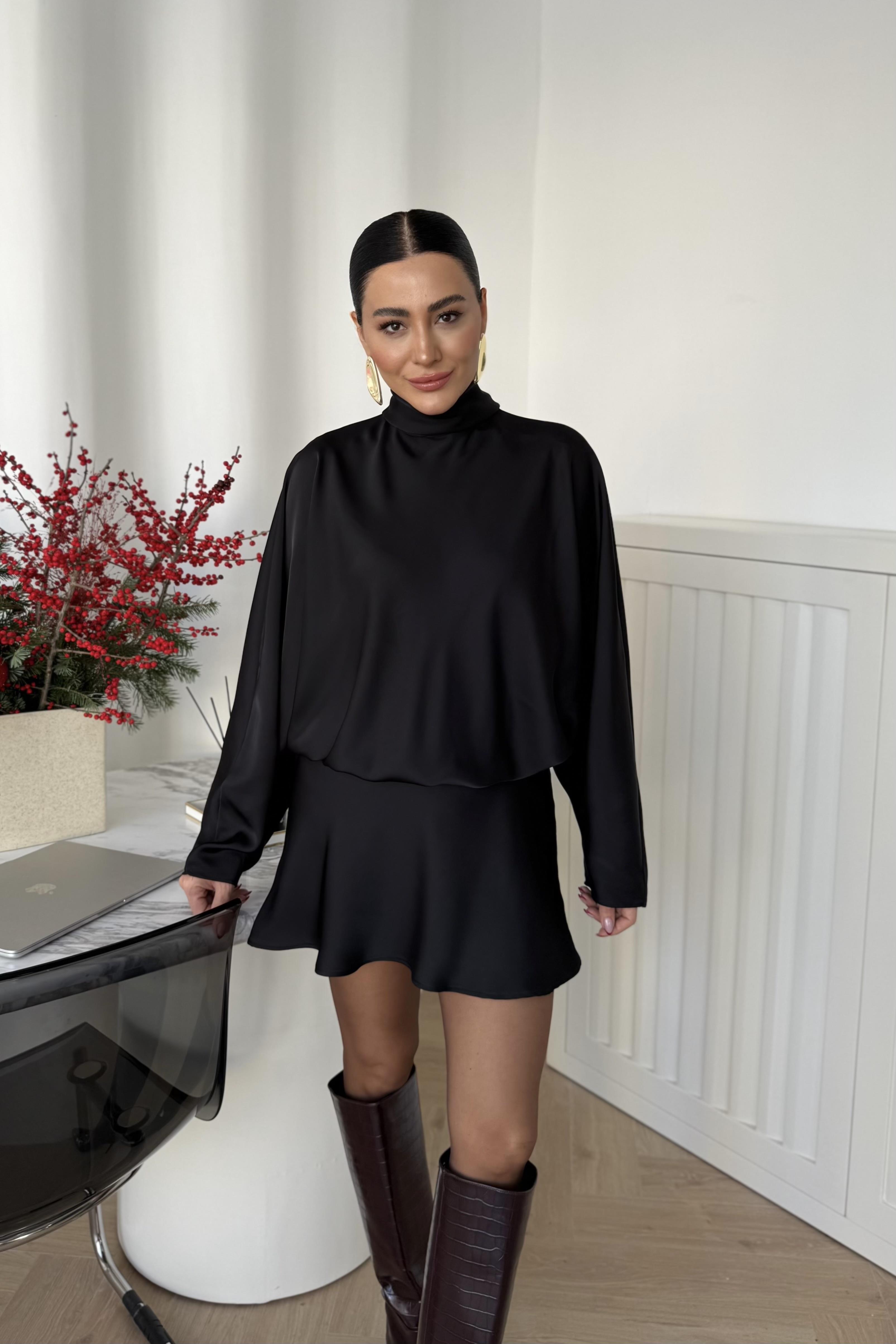 YANDAN FERMUARLI SATEN ELBİSE SİYAH