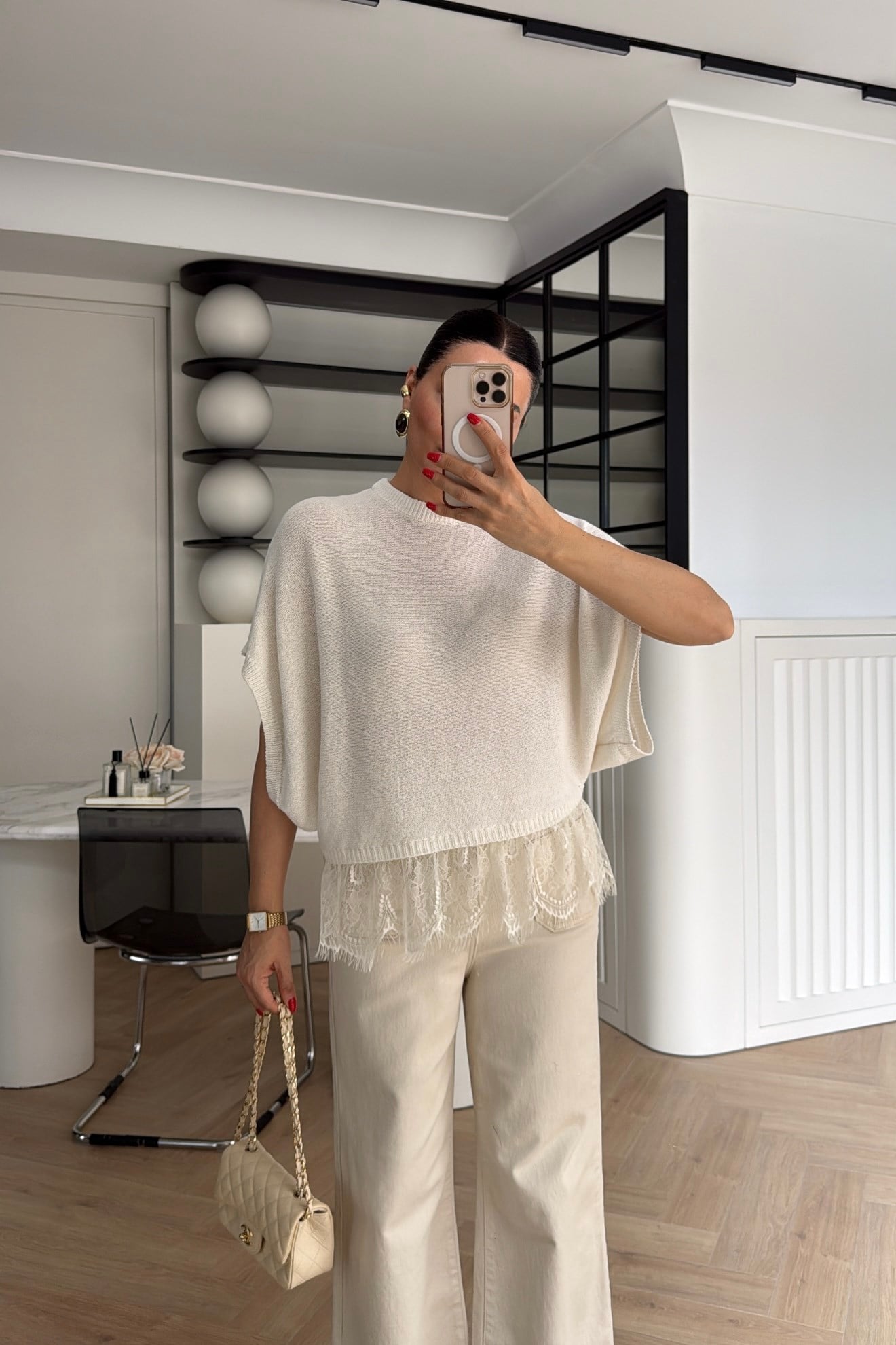 YARASA KOL DANTELLİ TRİKO KAZAK EKRU 