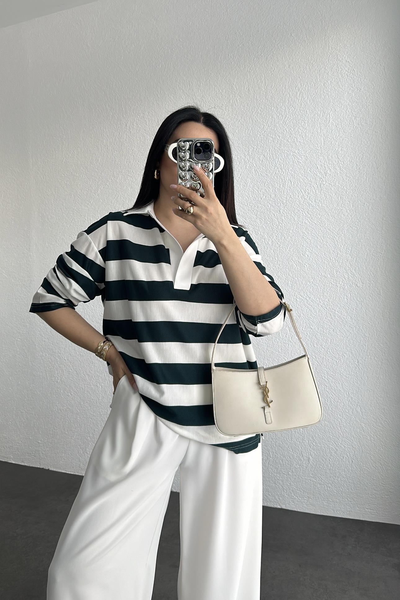 Yeşil Çizgili Polo Yaka Yazlık Doku Sweatshırt 
