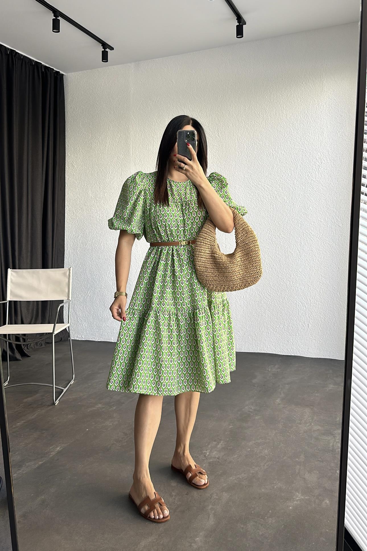 Yeşil Desenli Oversize Kalıp Poplin Elbise