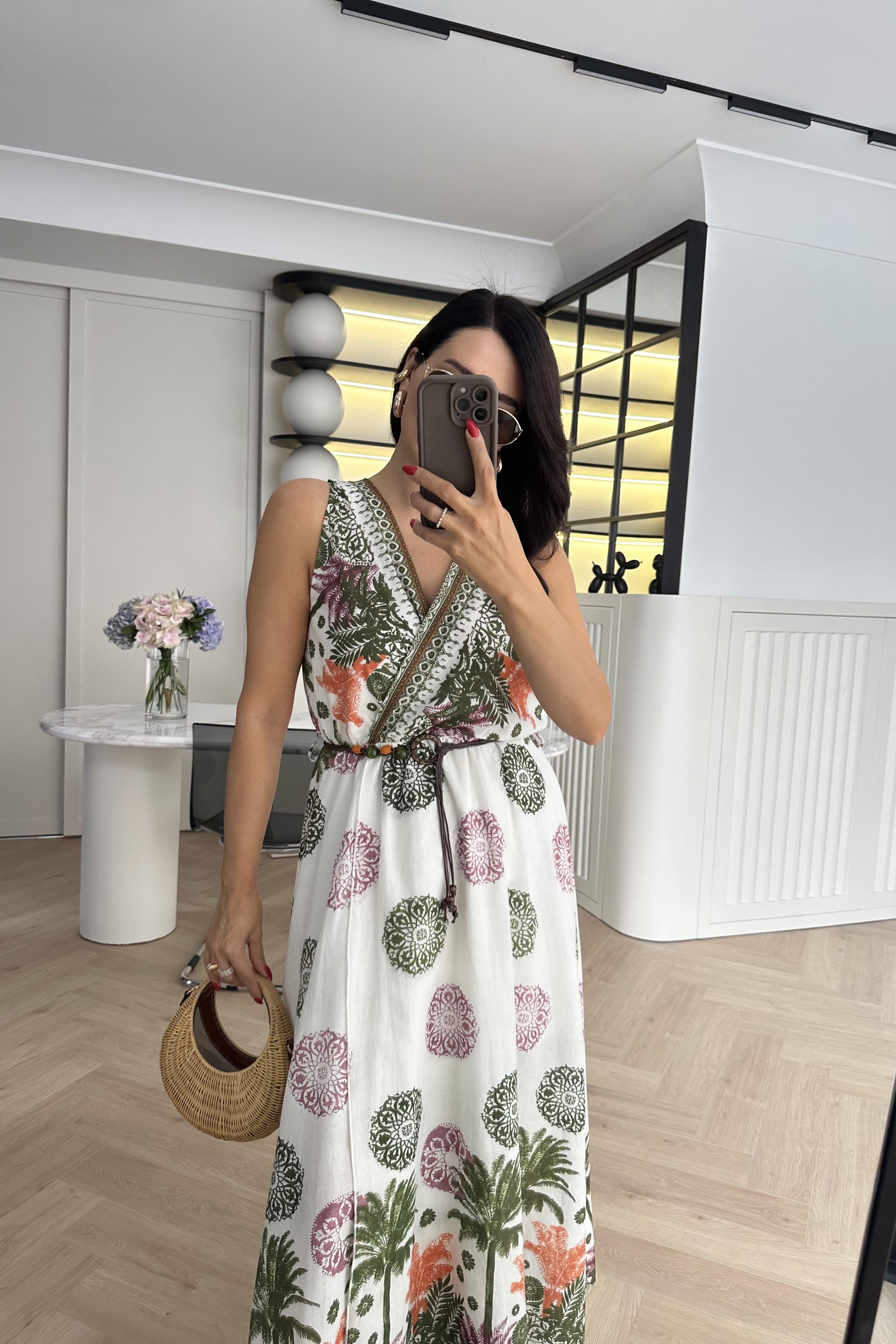 Yeşil  Desenli Pamuklu Dokuda Kemerli Maxi Elbise