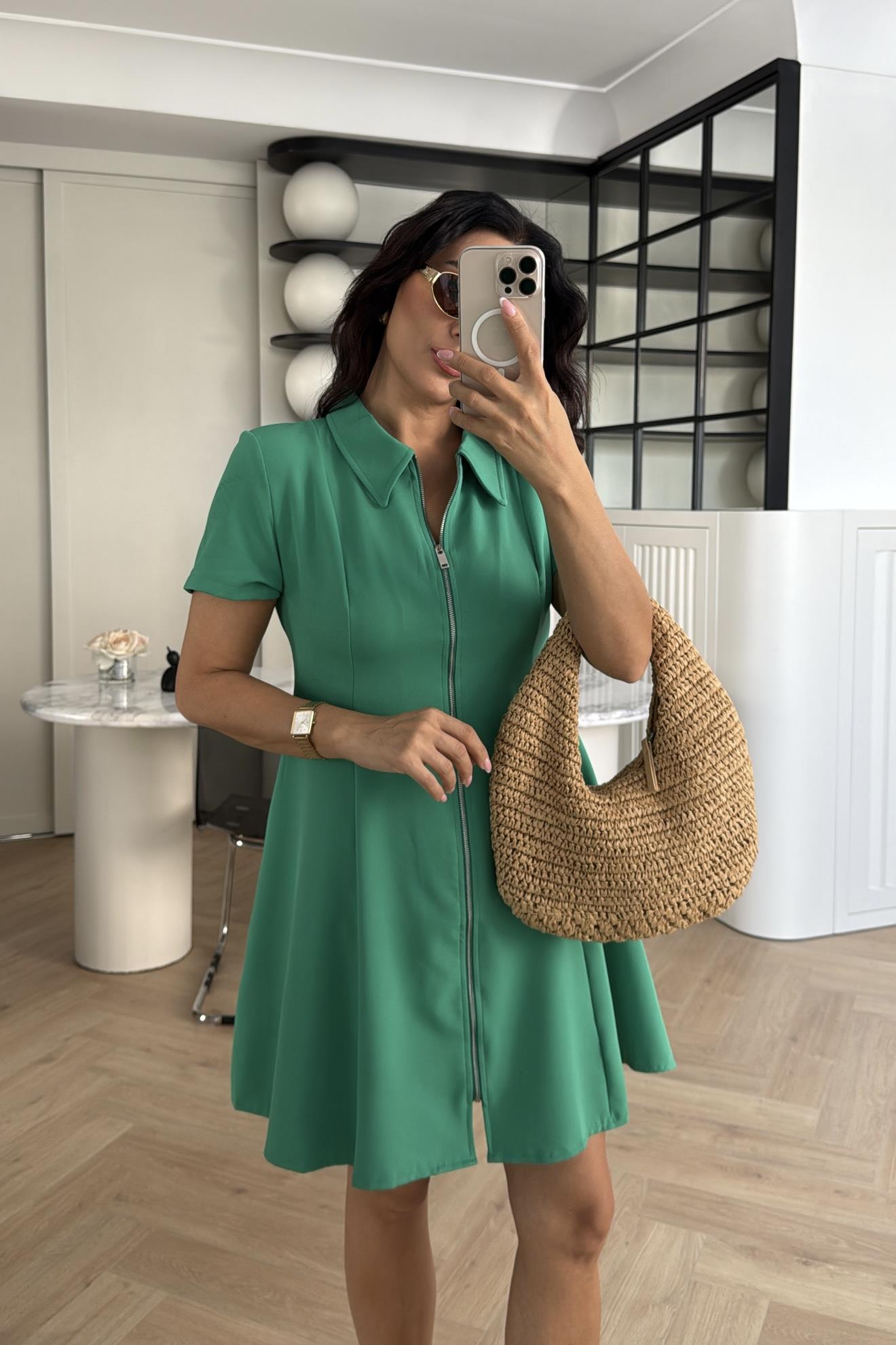 YEŞİL ÖNDEN FERMUARLI KREP KUMAŞ ELBİSE