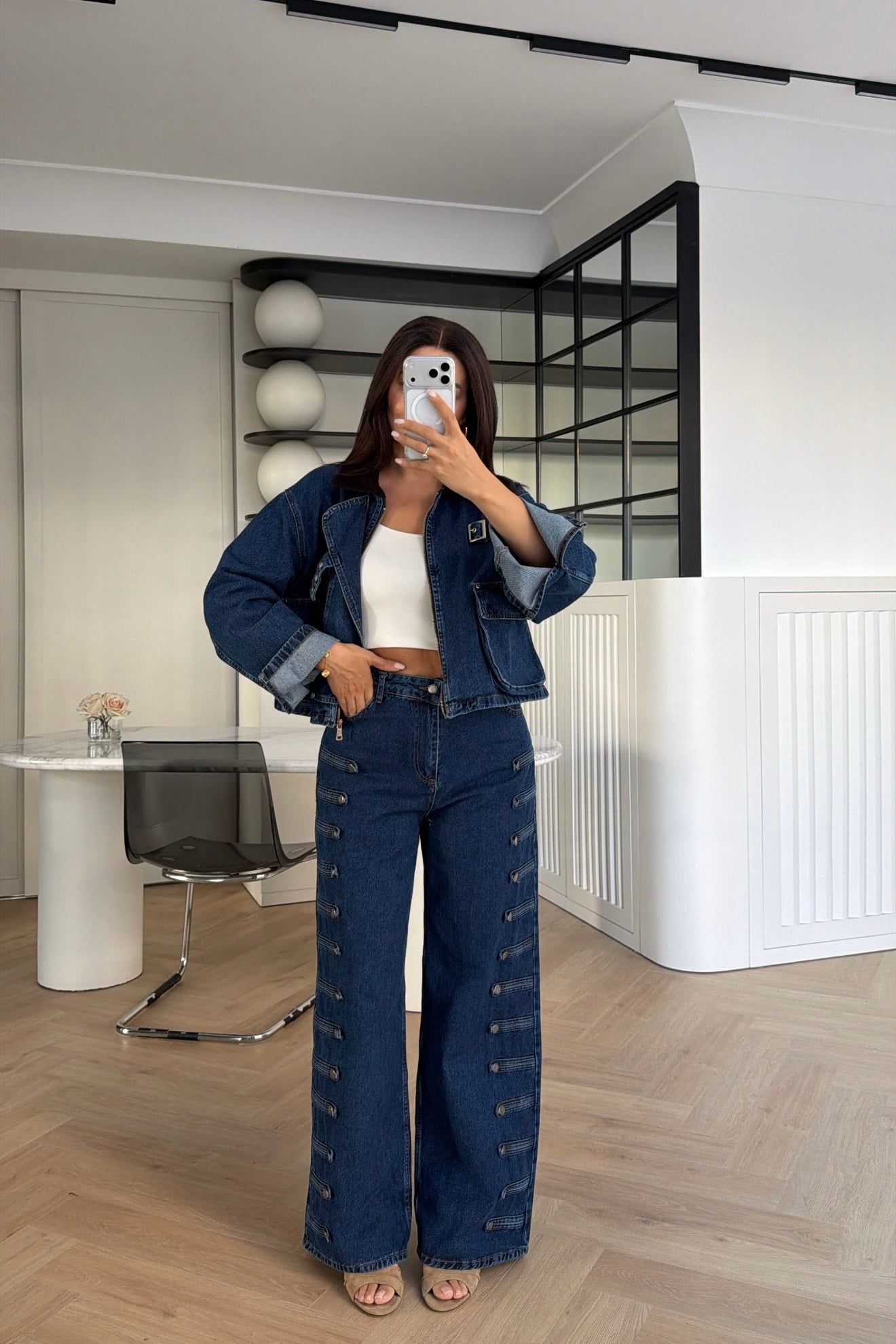 YÜKSEK BEL DÜĞMELİ JEAN PANTOLON LACİVERT 