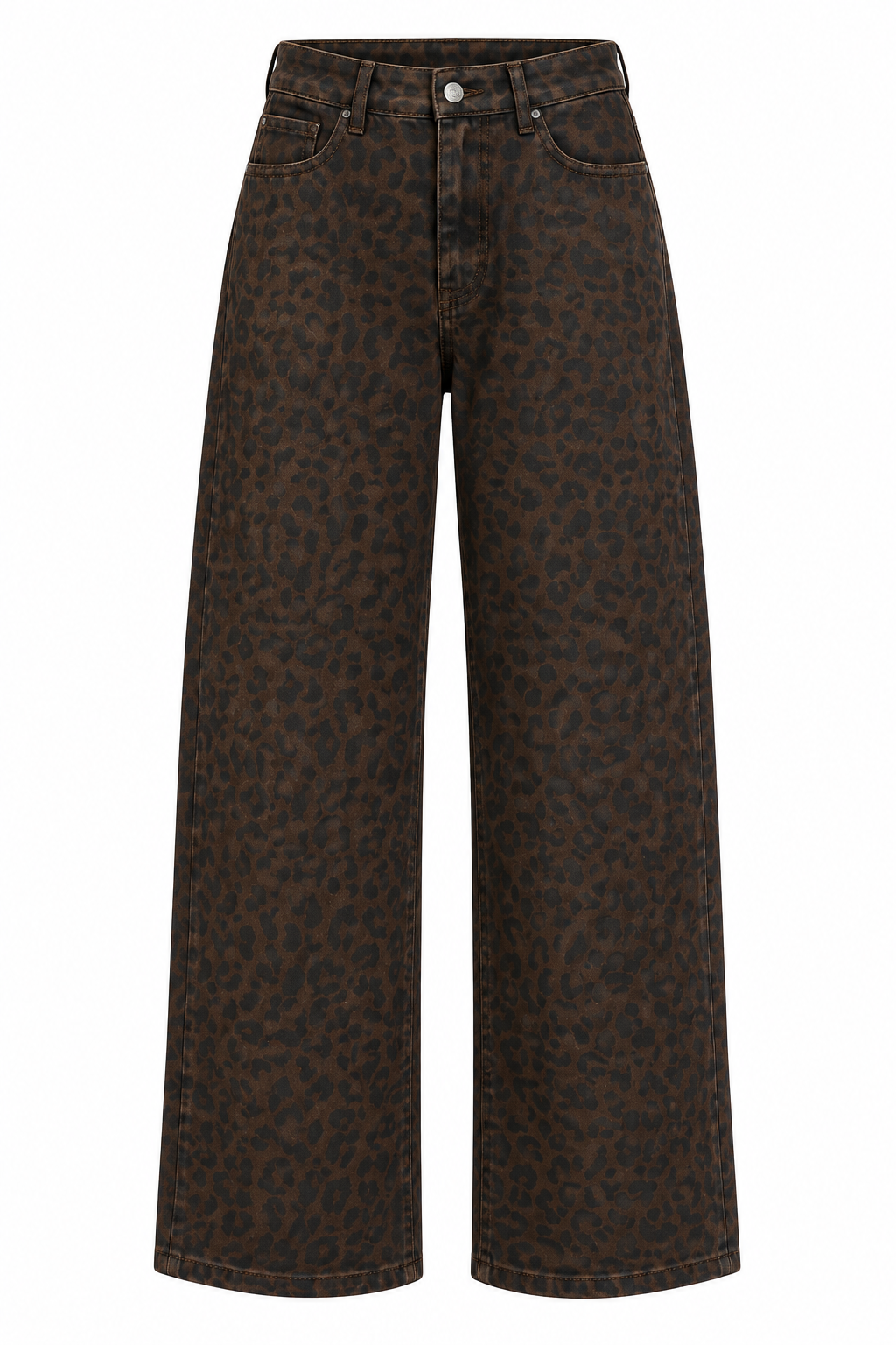 Yüksek Bel Leopar Desenli Denim Pantolon Kahve 
