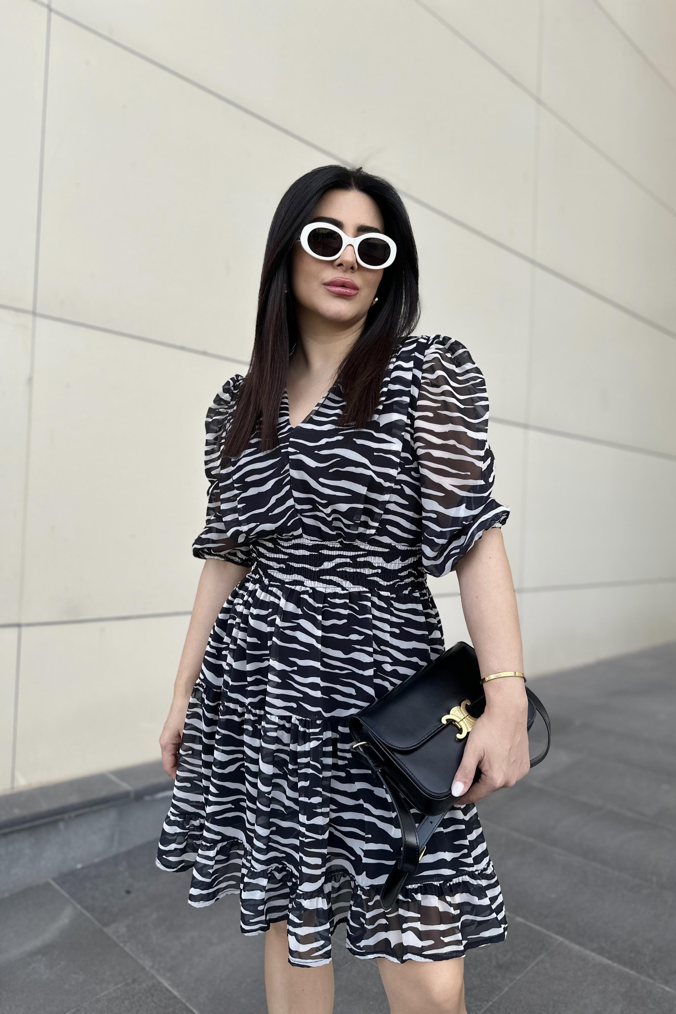 Zebra Desen Astarlı Şifon Elbise 